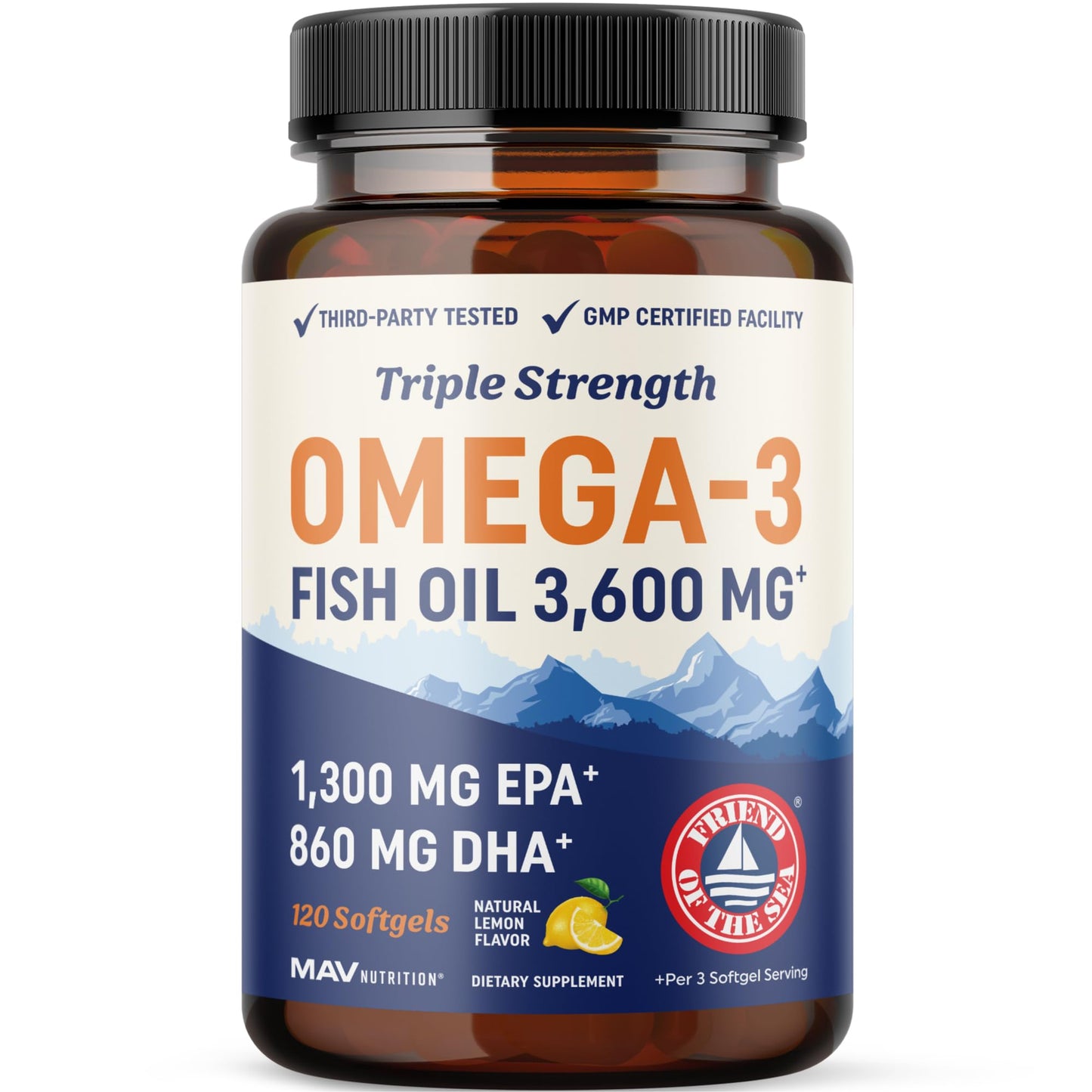 MAV NUTRITION Triple Strength Omega 3 Fish Oil Softgels 120 Count