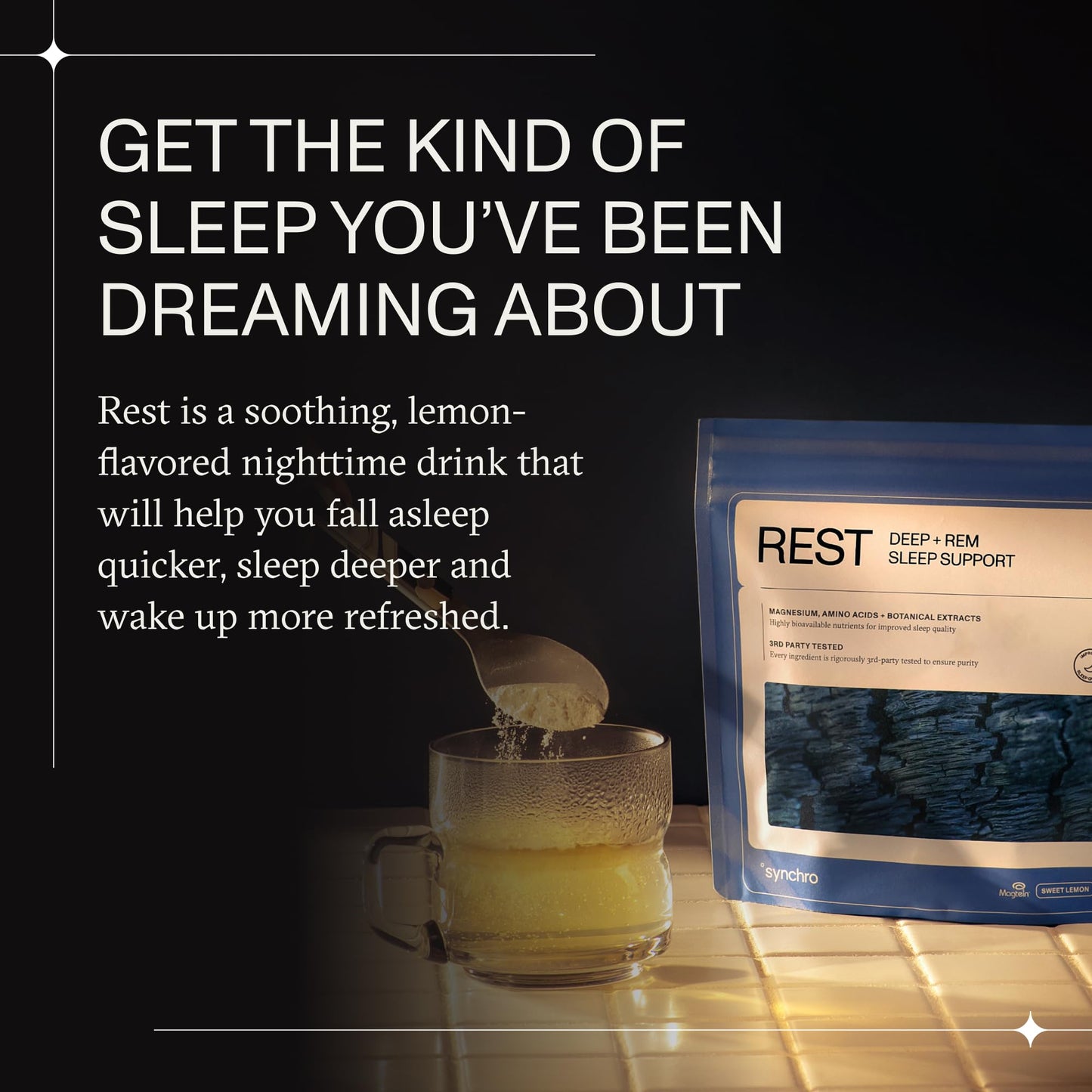 Synchro Rest Sleep Magnesium L-Threonate Powder with L-Theanine, Glycine, Lemon Balm & Apigenin - Melatonin-Free Sleep Support, Sweet Lemon Flavor, 7.41 Ounces