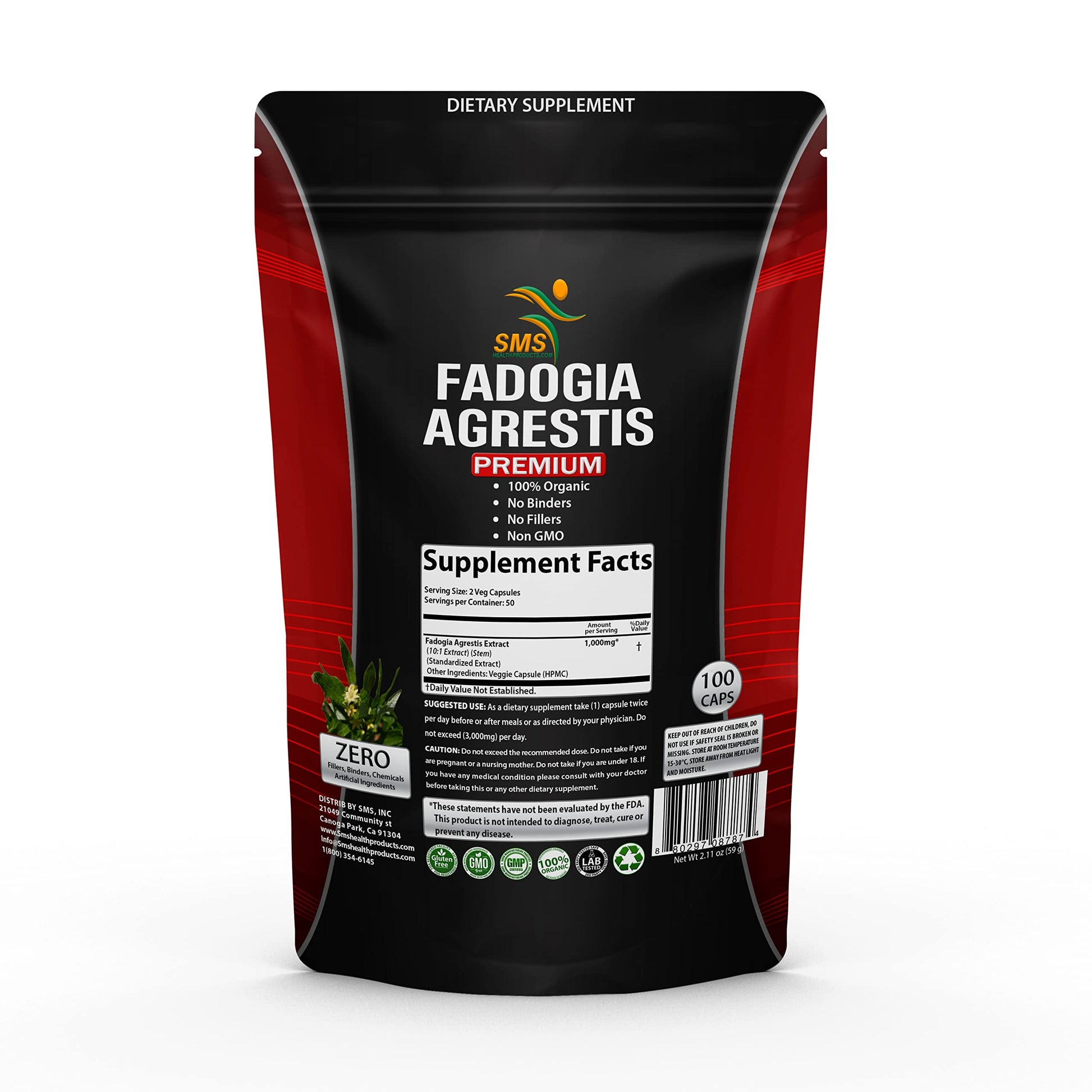 SMSHEALTHPRODUCTS.com Fadogia Agrestis Extract Maximum Strength 1,000mg Capsule, 100 Capsules