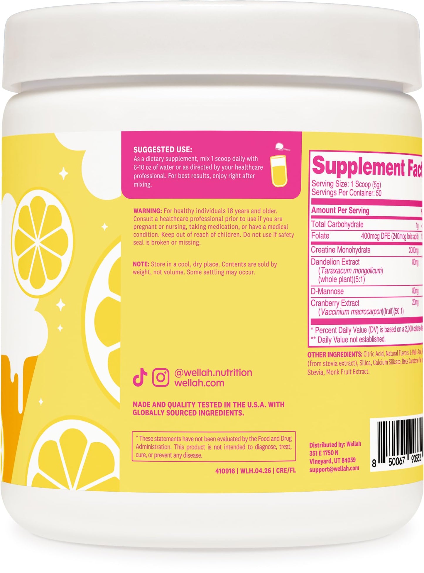 Wellah Creatine for Women (Frozen Lemonade) Powder, 50 Servings