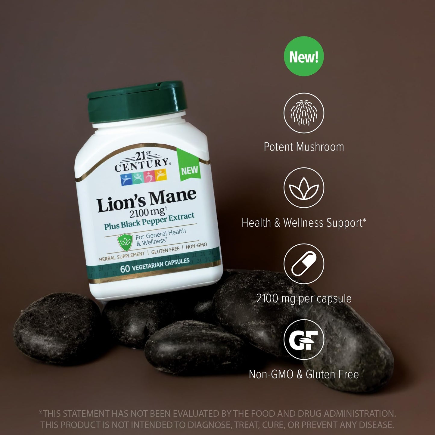 21st Century Lion's Mane 2,100 mg Plus Black Pepper Extract Capsules, 60 Count