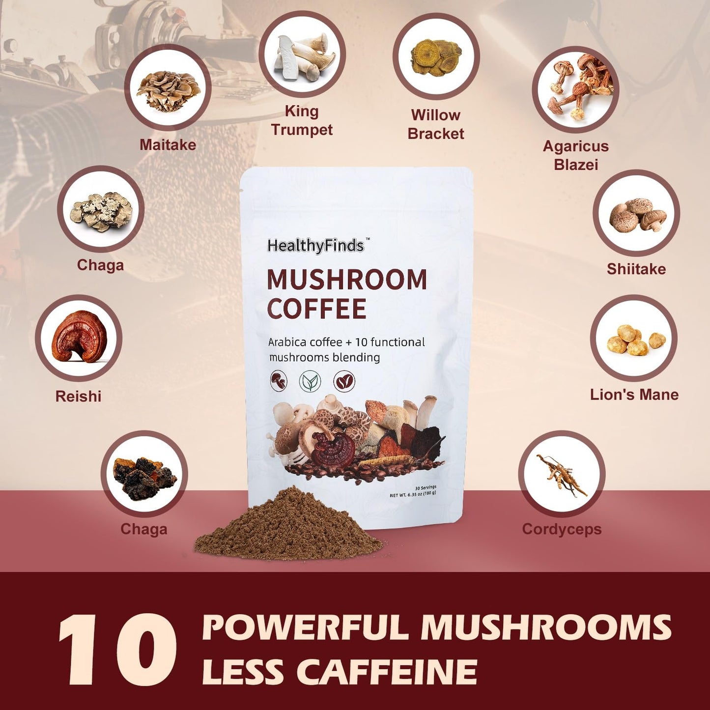 HealthyFinds Organic Mushroom Coffee Instant with 10 Superfood Mushrooms for Better Focus, Energy, Digestion & Immunity Powder 6.35 oz