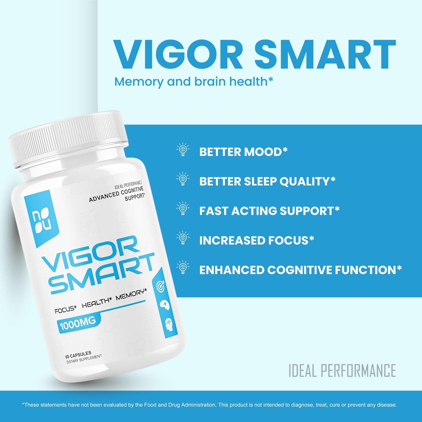 IDEAL PERFORMANCE Vigor Smart Brain Booster Pills Advanced Cognitive Focus Support 1000mg 60 Capsules