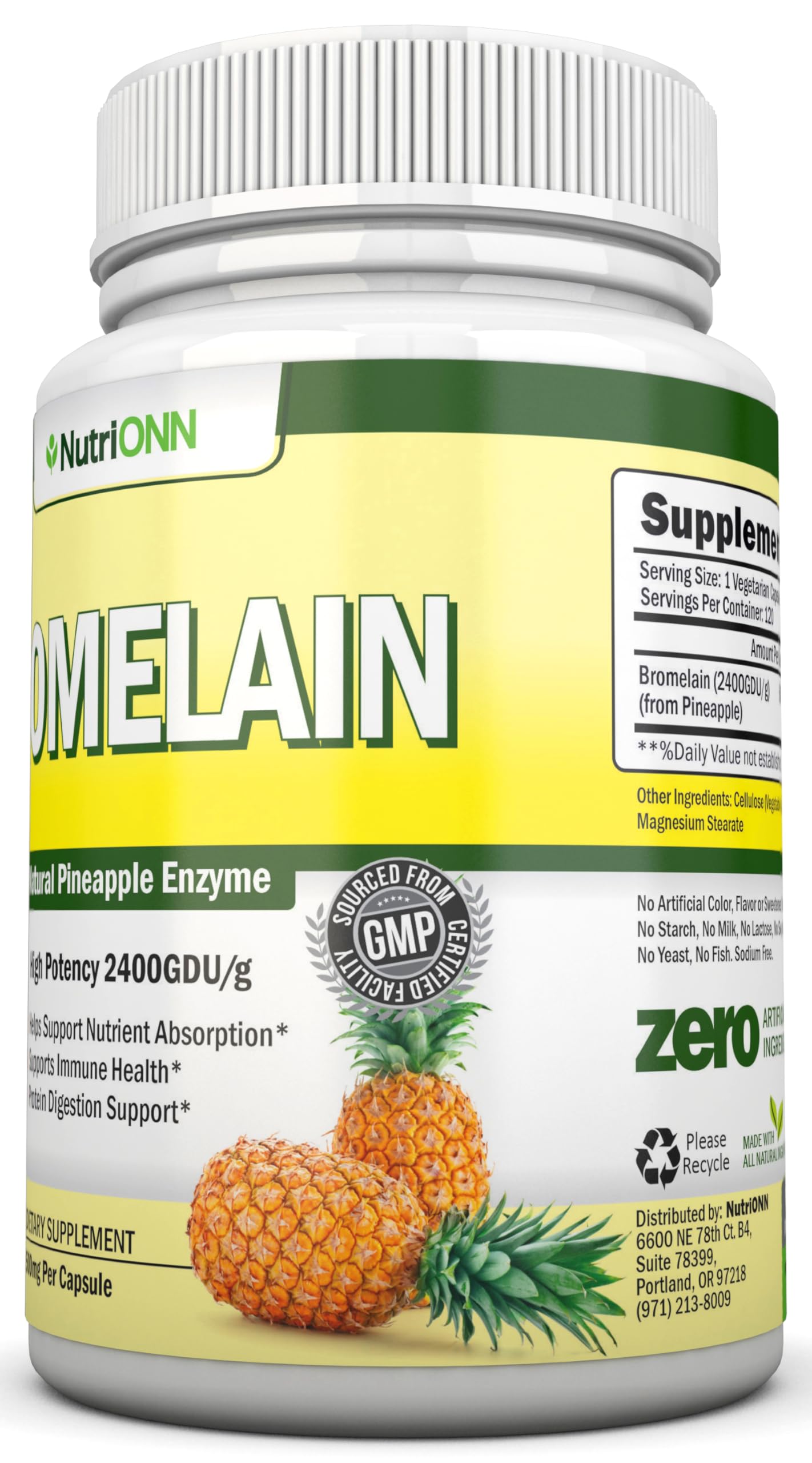 NutriONN Bromelain - 500mg - 2400 GDU Capsule, 120 Count