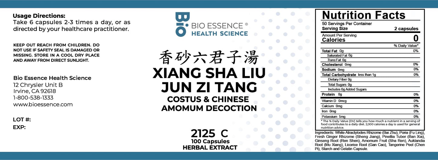 Bio Essence Health Science Xiang Sha Liu Jun Zi Tang/Costus & Chinese Amomum Decoction Capsules, 100 Capsules