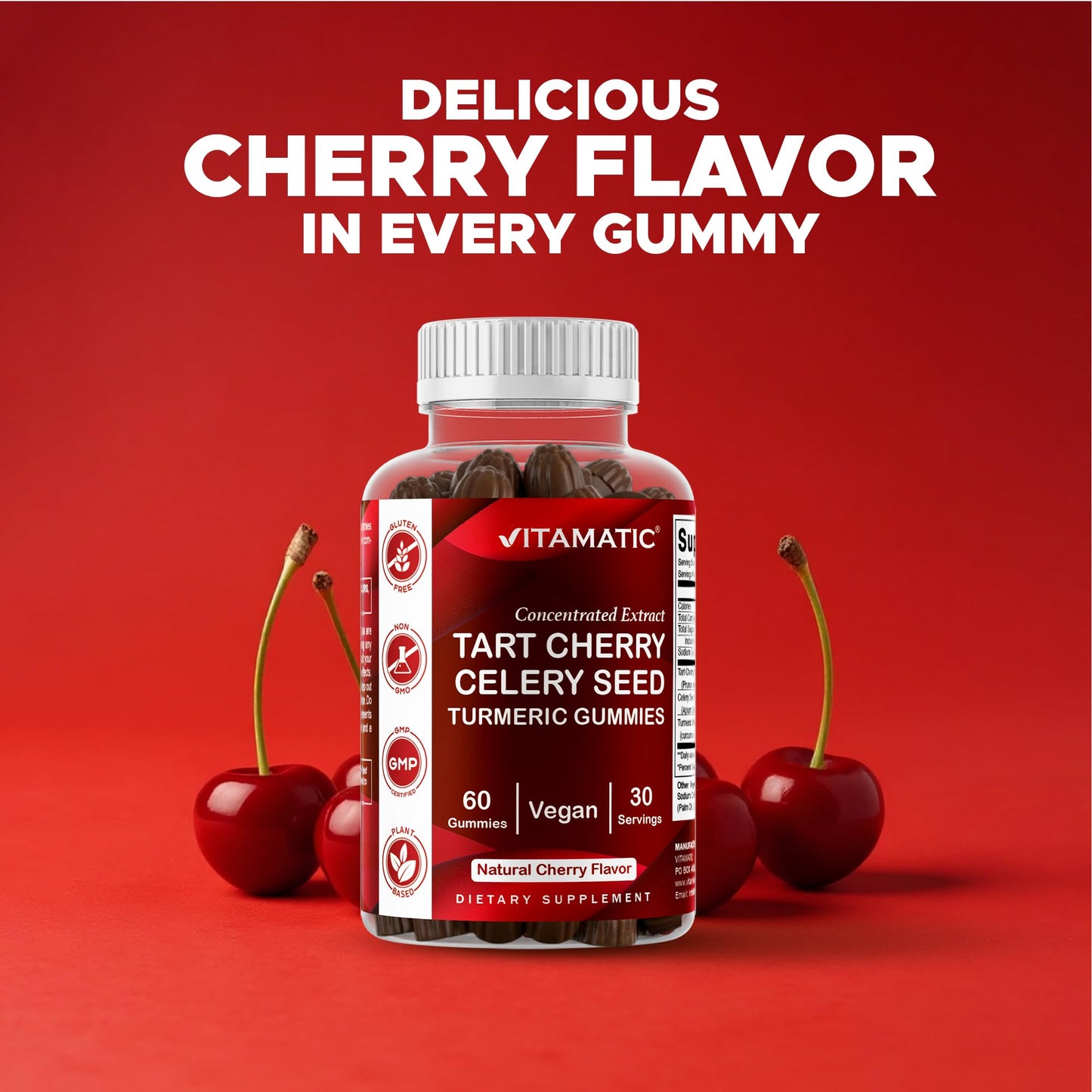 Vitamatic Tart Cherry 360 mg & Celery Seed 30 mg Extract Gummies, 60 Count