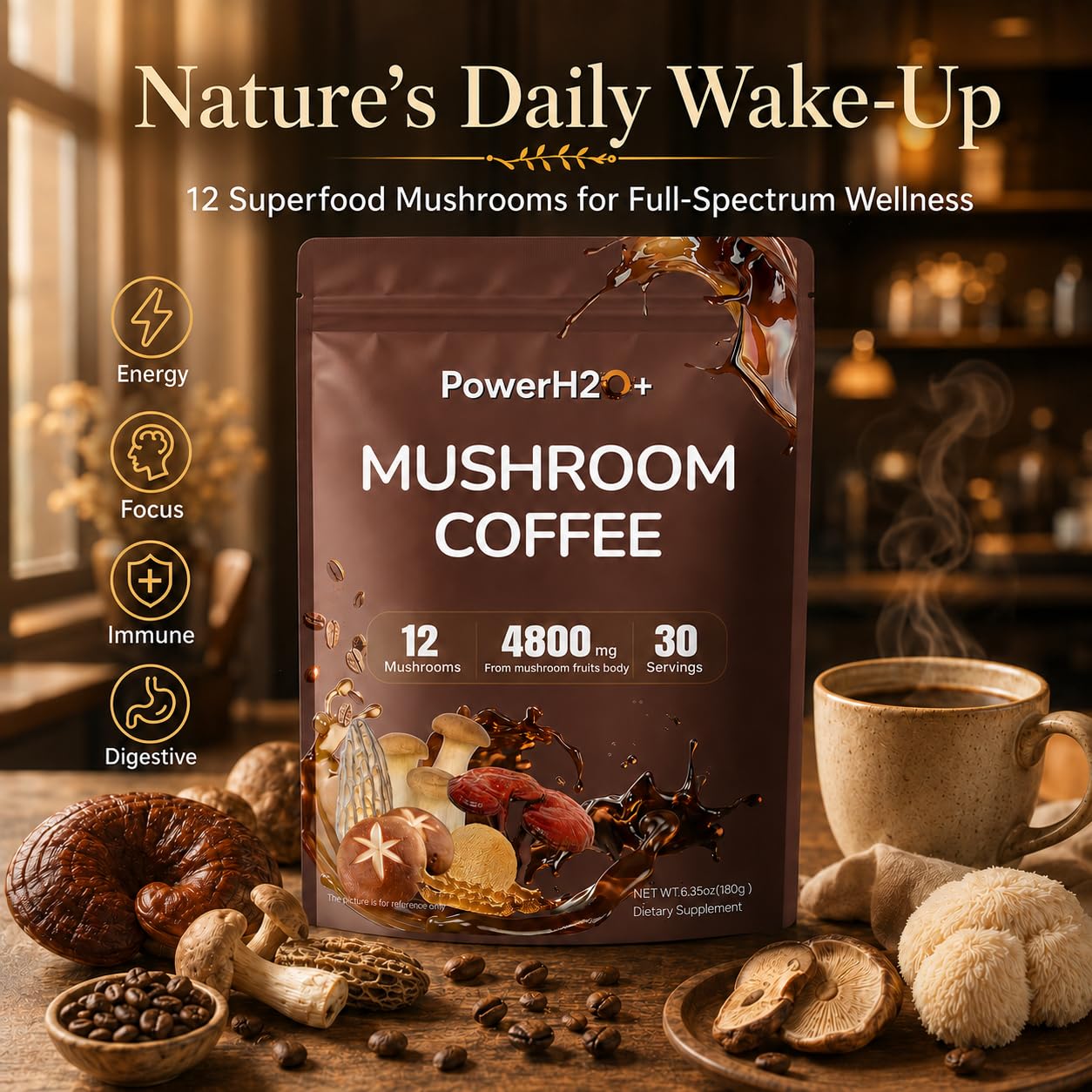 PowerH2O+ Mushroom Coffee 12 in 1 with 4800mg Lion's Mane, Reishi, Chaga, Cordyceps, Turkey Tail for Energy, Focus, Positive Mood & Immune Support Powder, 6.35 Ounce