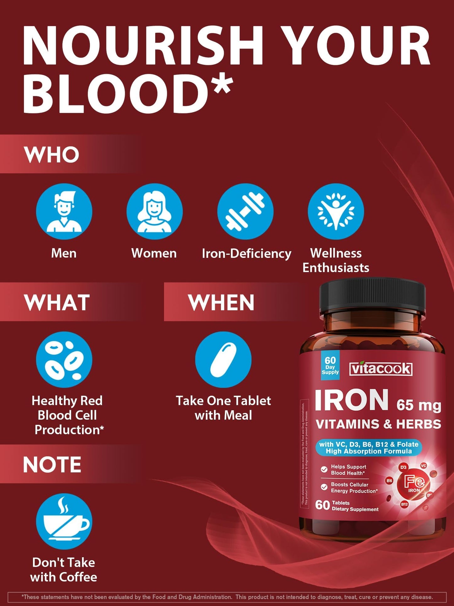 Vitacook Iron Supplement 65mg Blood Building & Energy Support, 60 Tablets