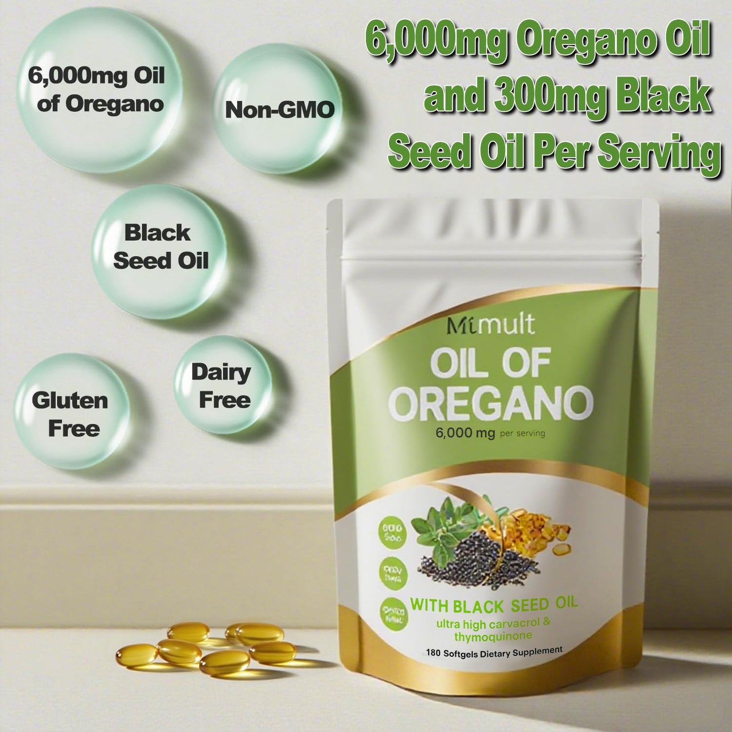 Mtmult Oil of Oregano with Black Seed Oil 6000mg & Moringa Softgels, 180 Softgels