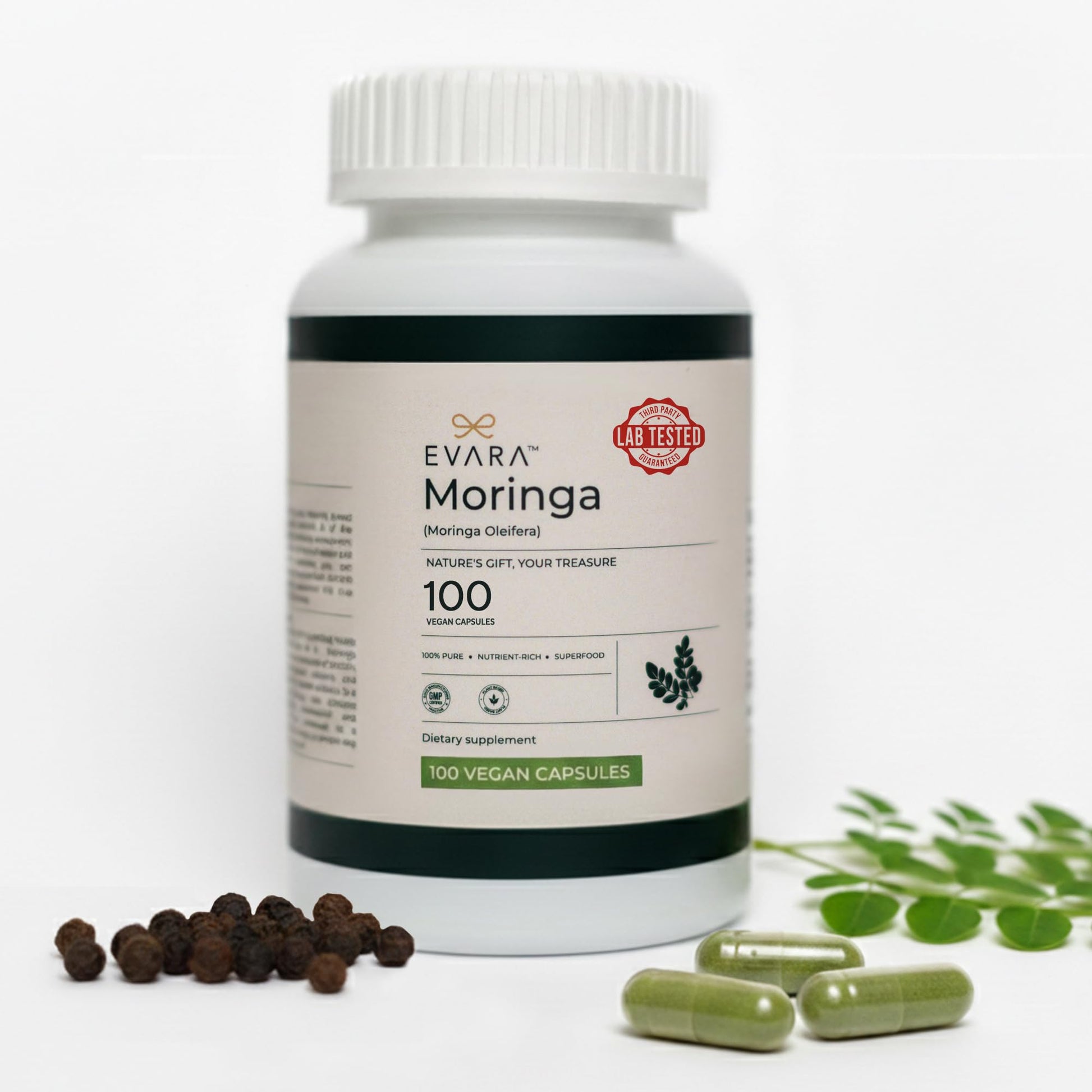 EVARA Moringa Powder Organic Capsules 500mg 100 Count
