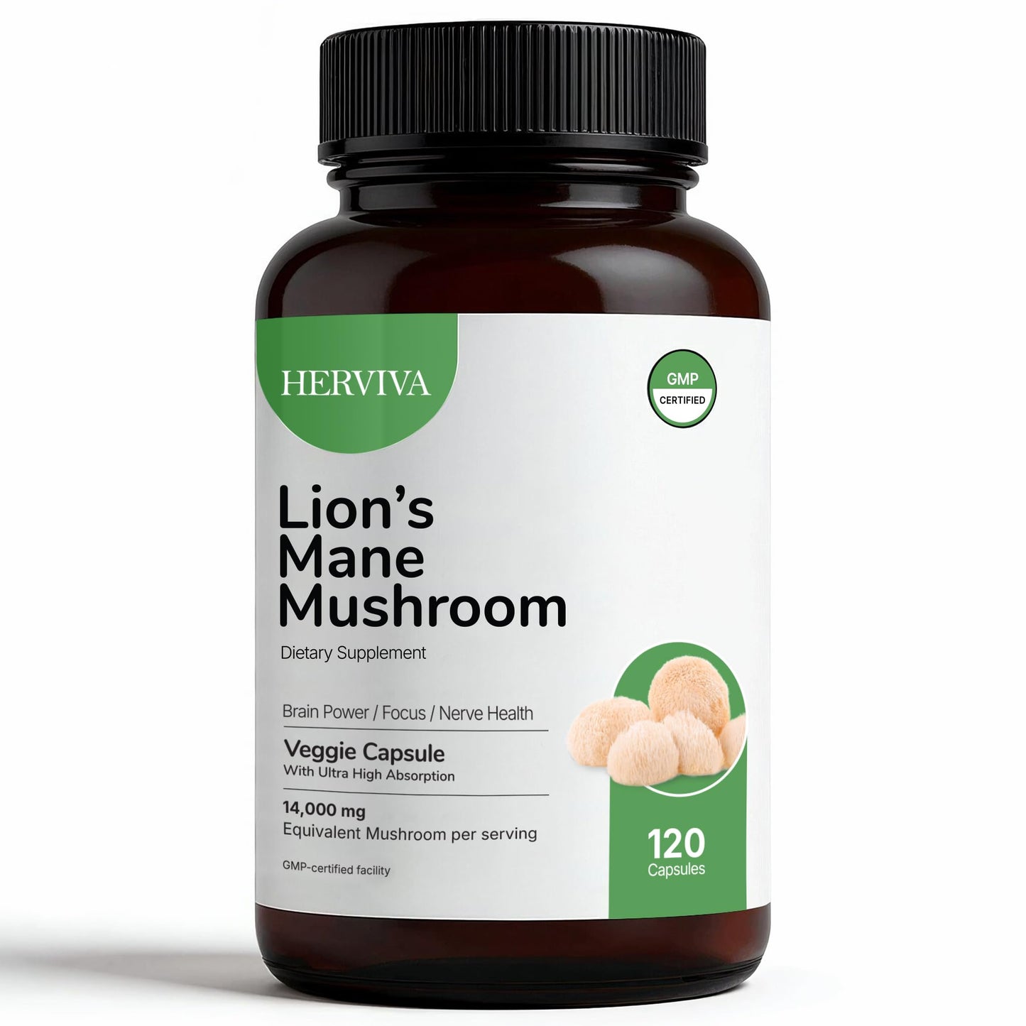 HERVIVA Lions Mane Mushroom Supplement 120 Capsules
