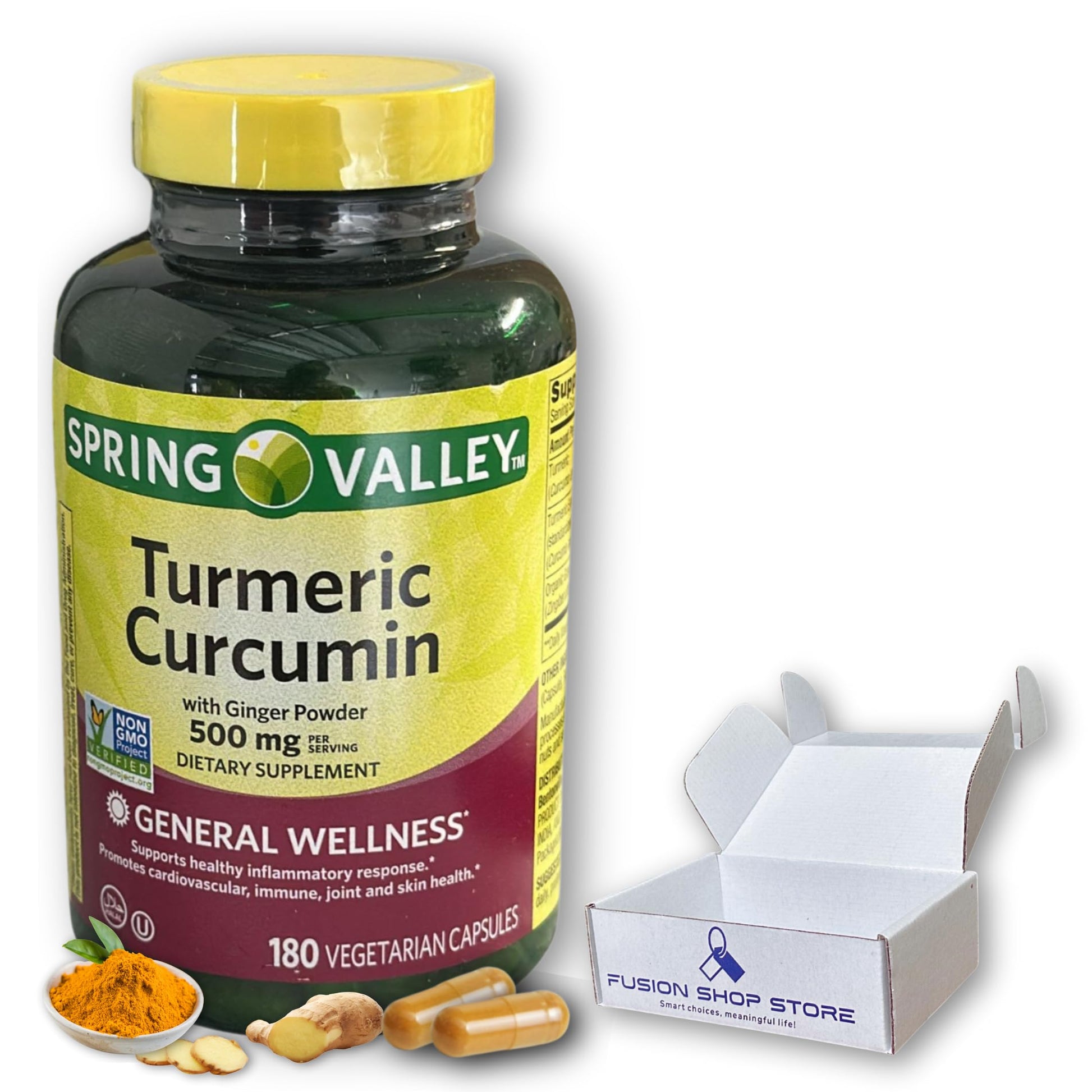 Fusion Shop Store Turmeric Curcumin 500mg with Ginger Powder Capsules, 180 Count