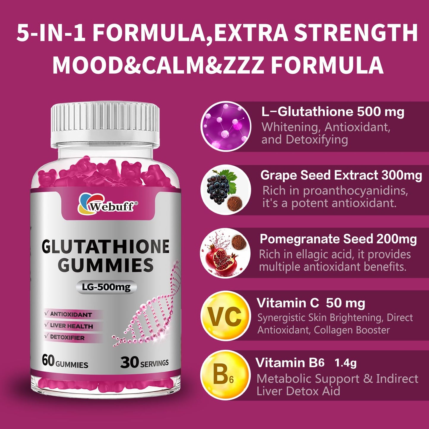 Webuff Glutathione Gummies with Collagen 500mg Vitamin C & B6 Skin Glow Hair & Nail Support Anti-Aging Antioxidant Sugar-Free Non-GMO Strawberry Flavor, 60 Gummies