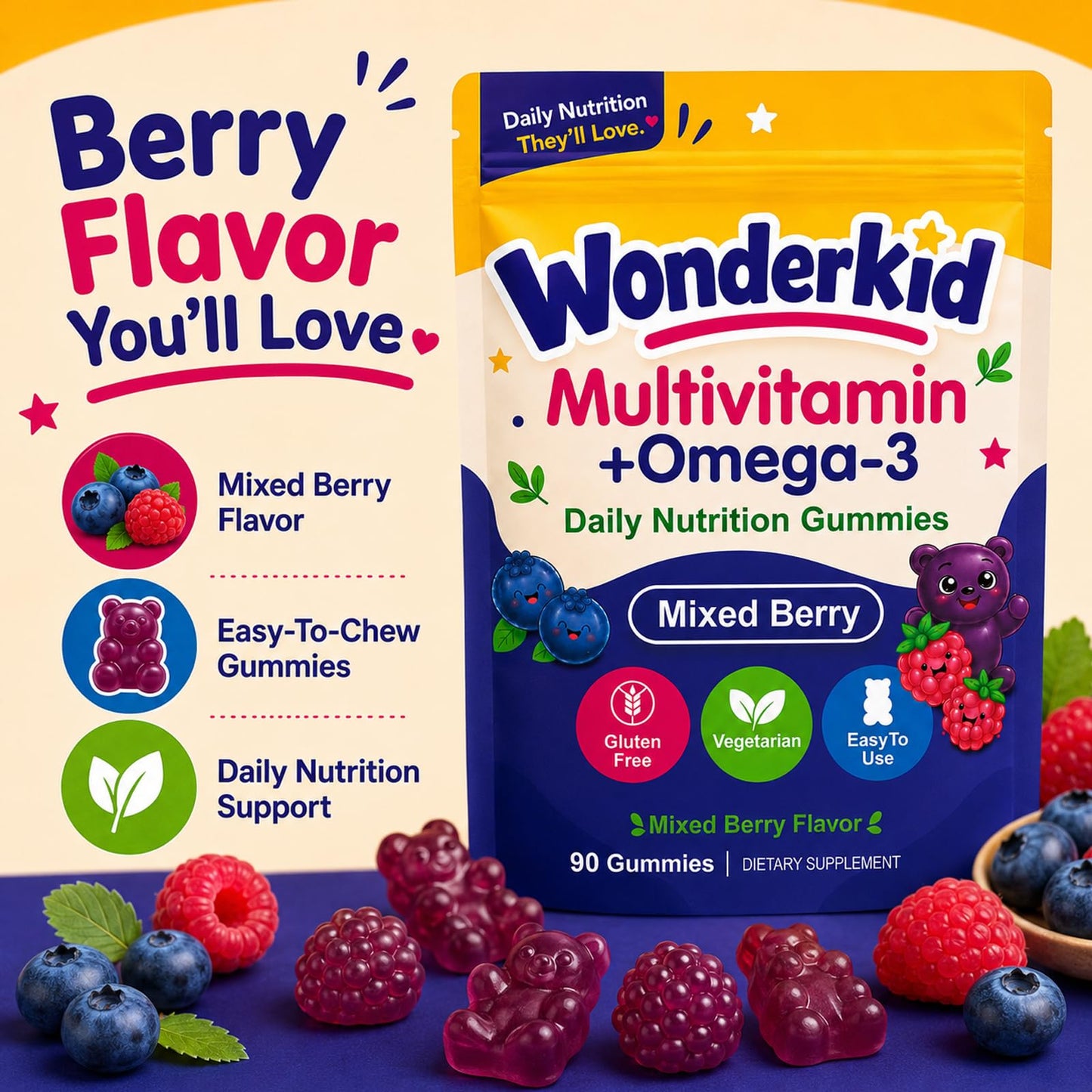 Pricyru Wonderkid Vitamin Kids Multivitamin Gummies + Omega-3, 90 Count
