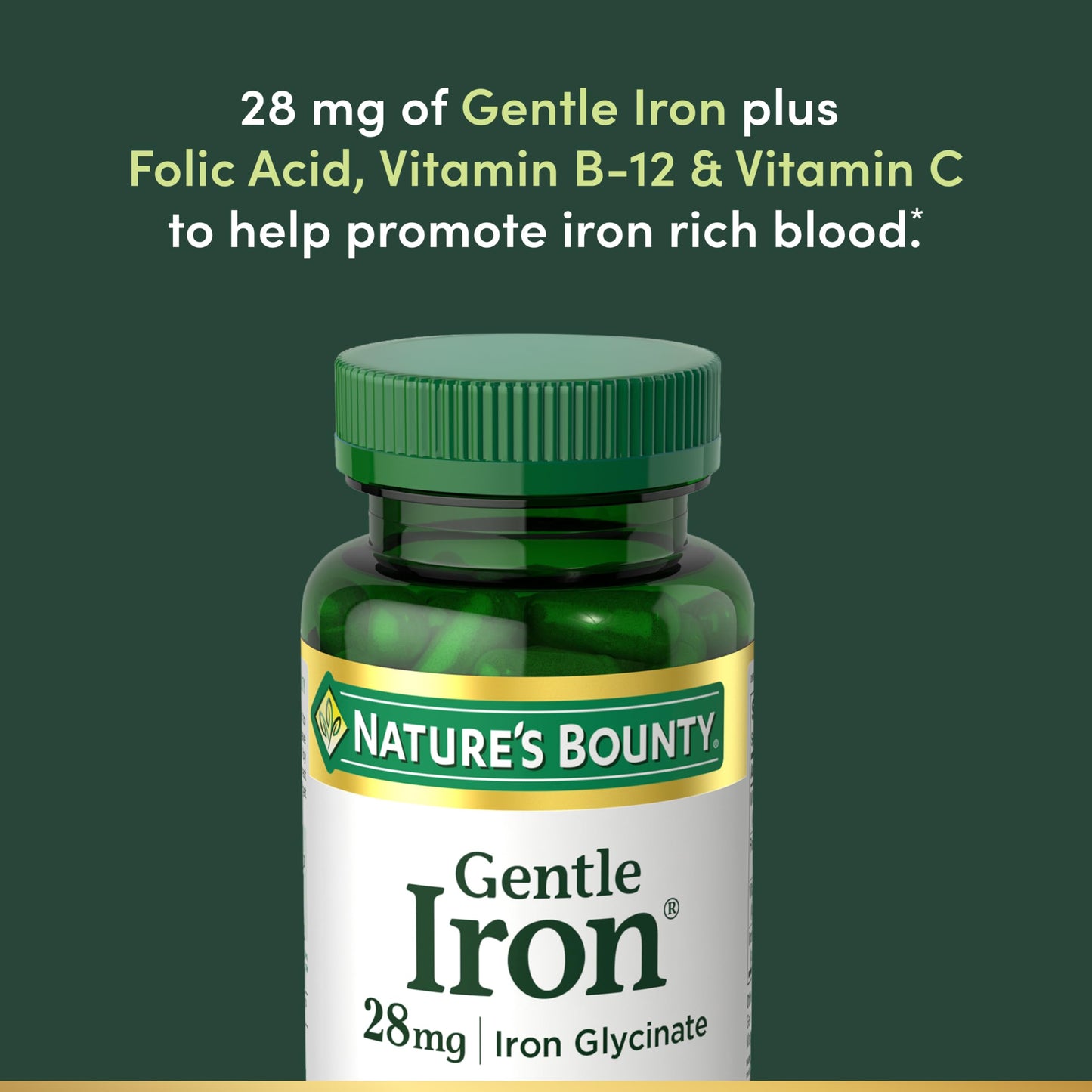 Nature's Bounty Gentle Iron 28 mg Capsules with Vitamin C, Folic Acid, Vitamin B-12 Iron Supplement - 90 Capsules