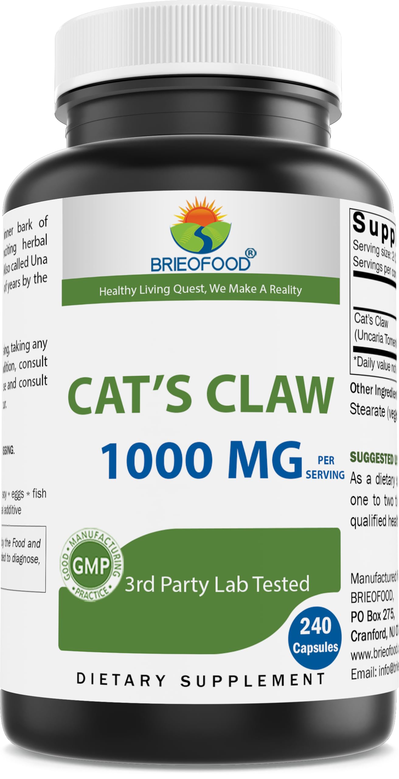 Brieofood Cat's Claw 1000 mg per Serving Capsules, 240 Count