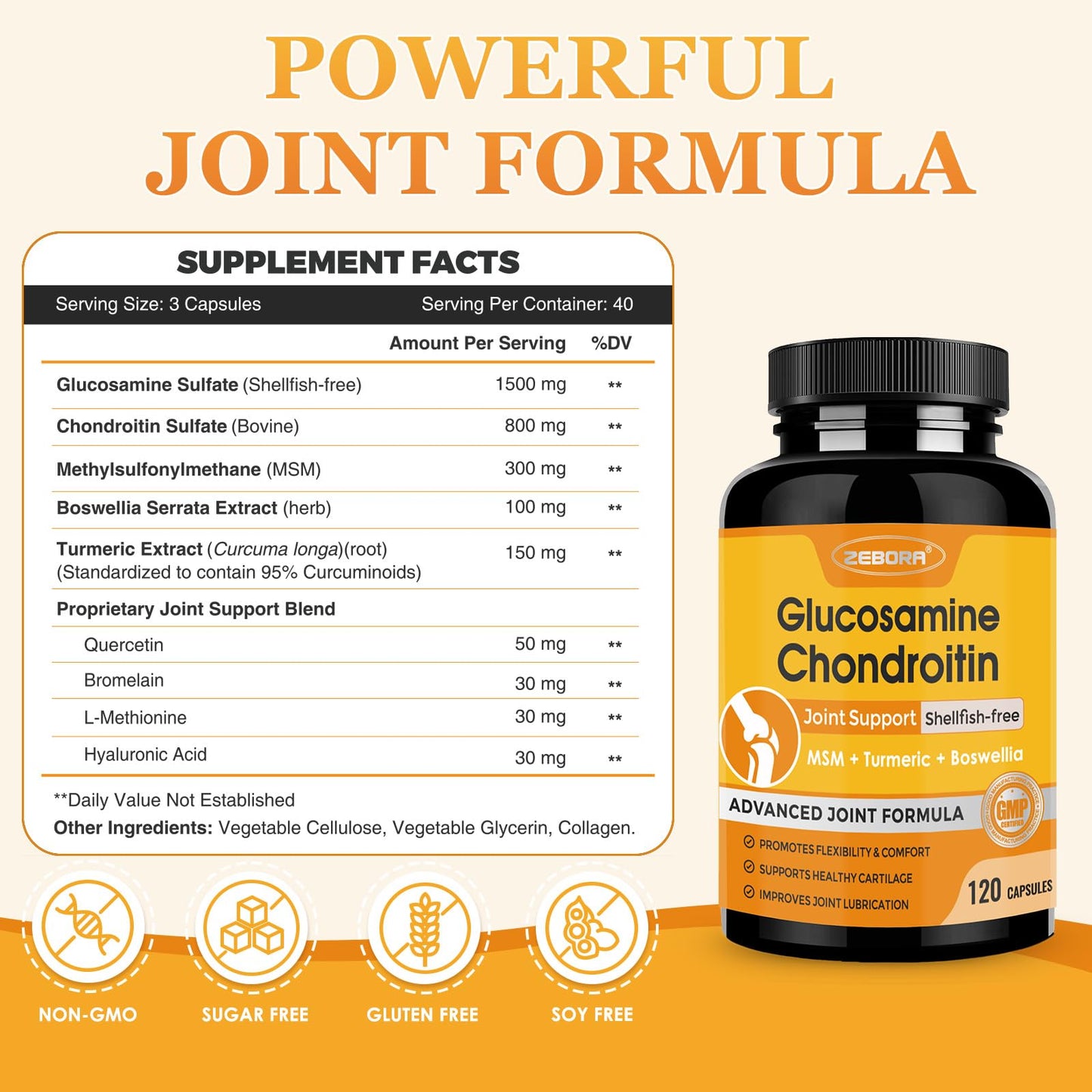 ZEBORA Glucosamine Chondroitin Joint Support Supplement Capsules with MSM Turmeric Shellfish-Free, 120 Capsules