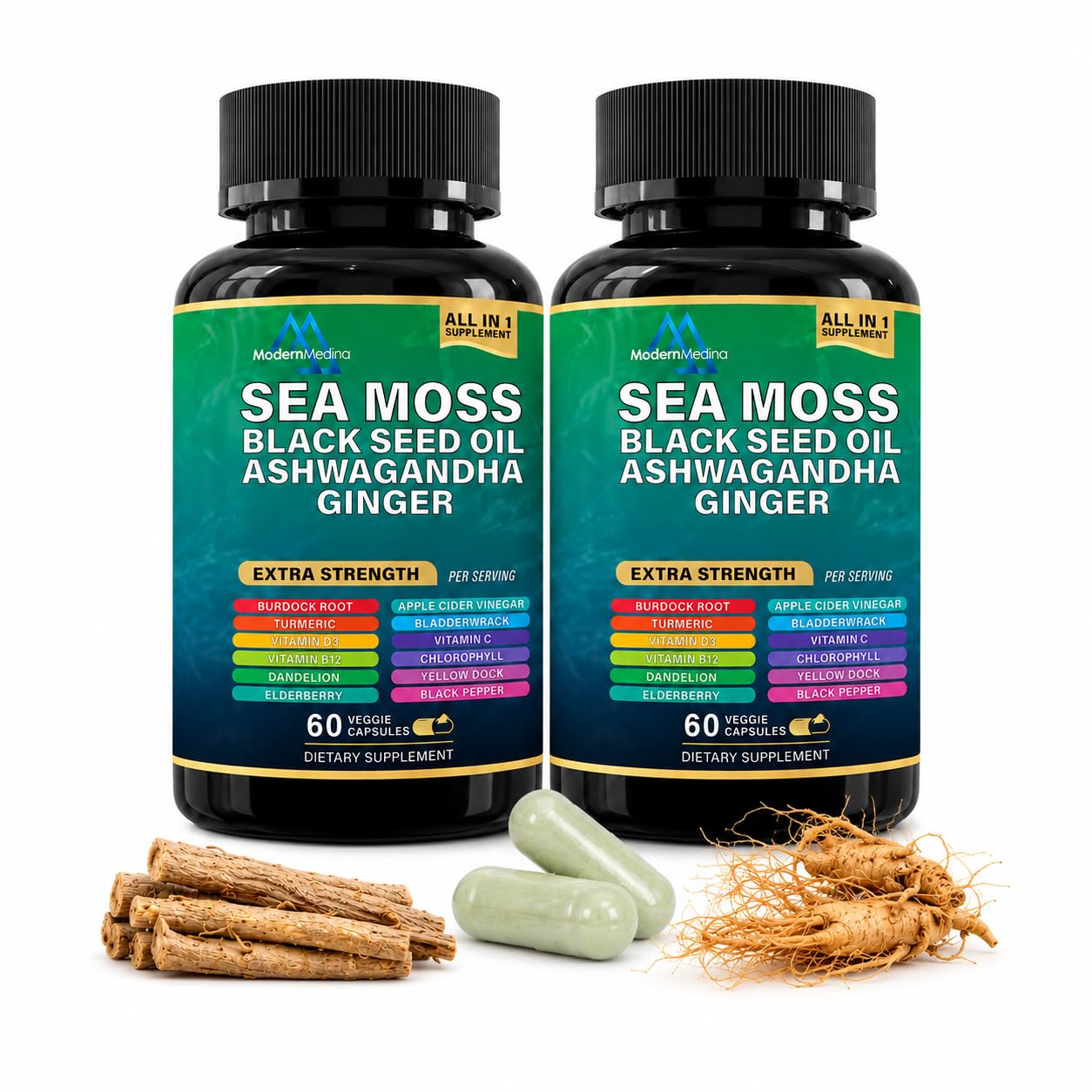 ModernMedina Sea Moss Herbal Supplement Capsules with Black Seed Oil, Ashwagandha & Ginger, 120 Count