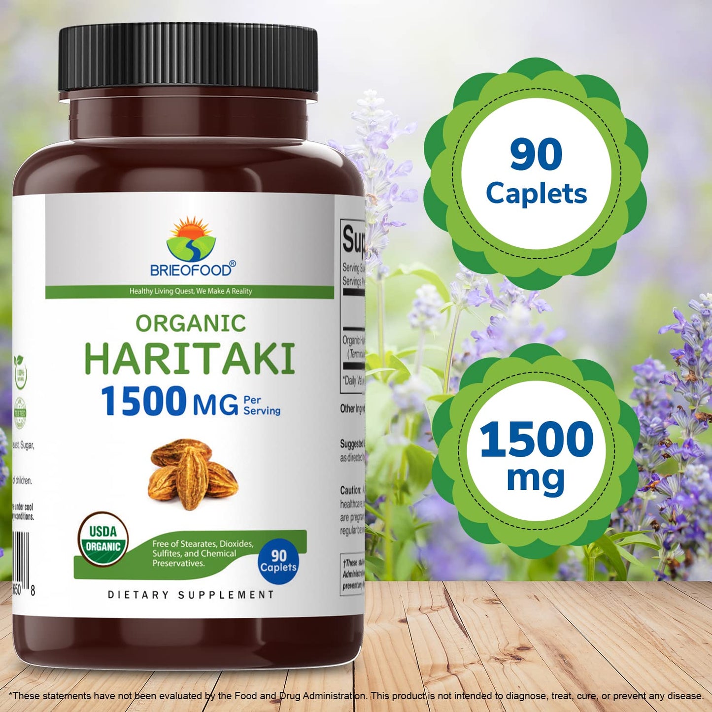 Brieofood Organic Haritaki 1500mg Tablets, 90 Count