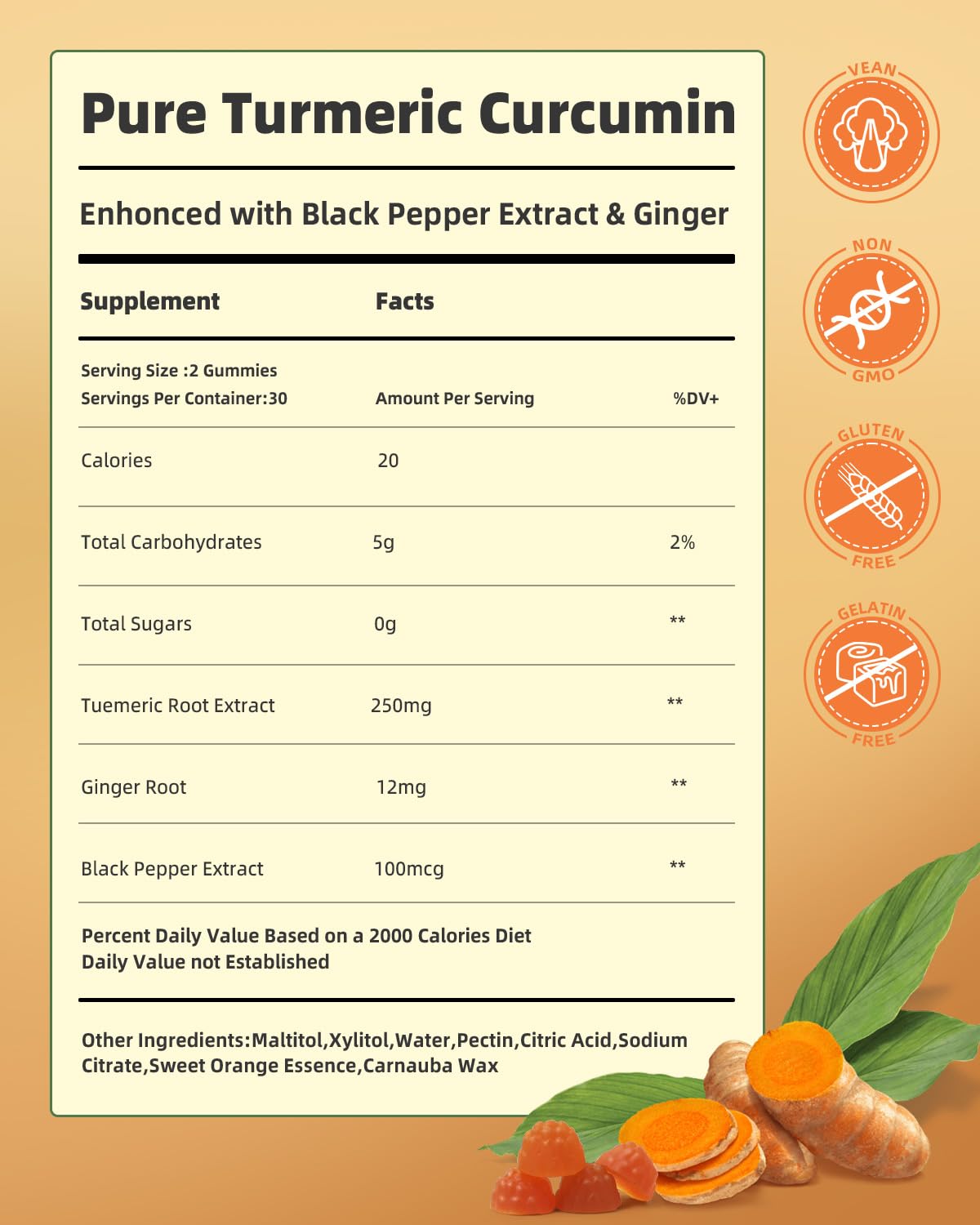 ORGMO Turmeric Gummies with Black Pepper for Inflammation, Turmeric and Ginger Supplement for Immune Joint Support, Sugar Free Curcumin Ginger Gummies for Adult Vegan Non-GMO 60 Count