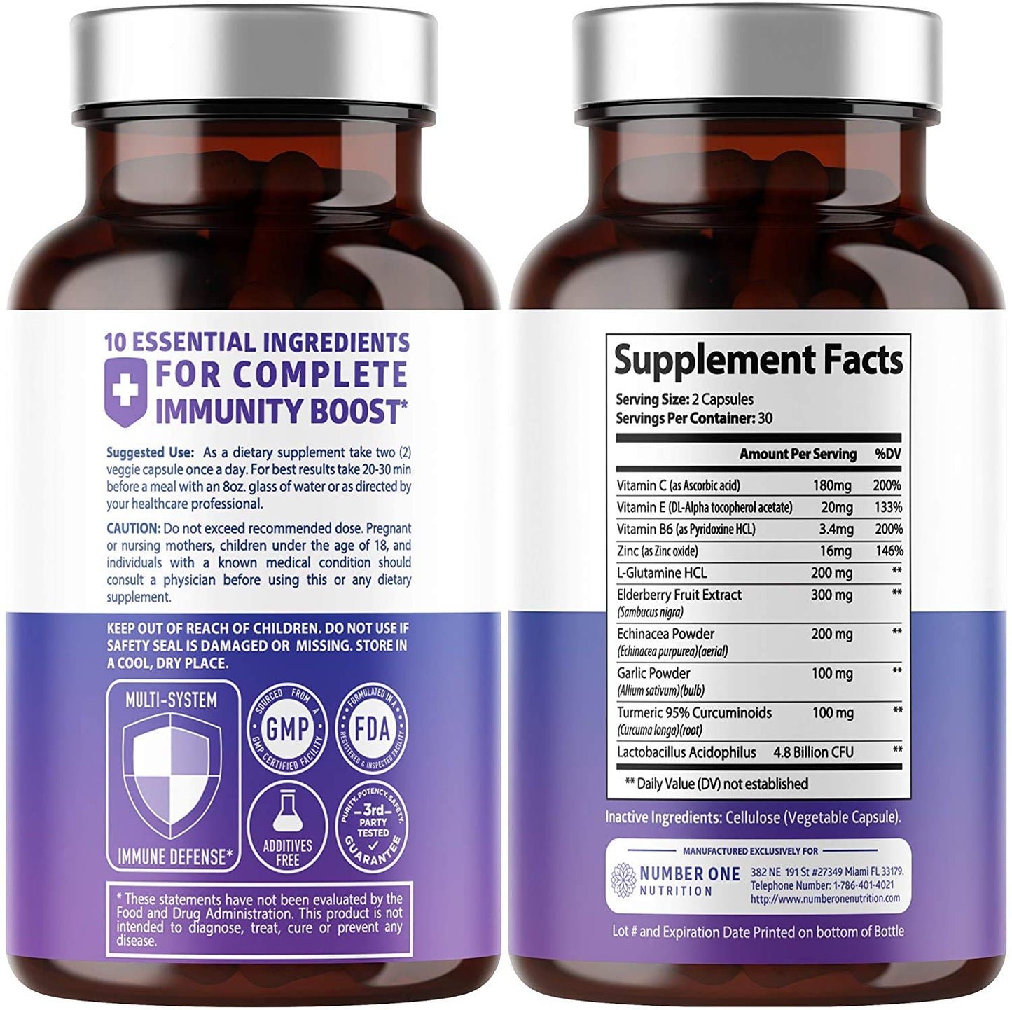 Number One Nutrition Elderberry Immune Support 10-in-1 with Zinc Vitamin C Probiotics Capsules, 60 Capsules