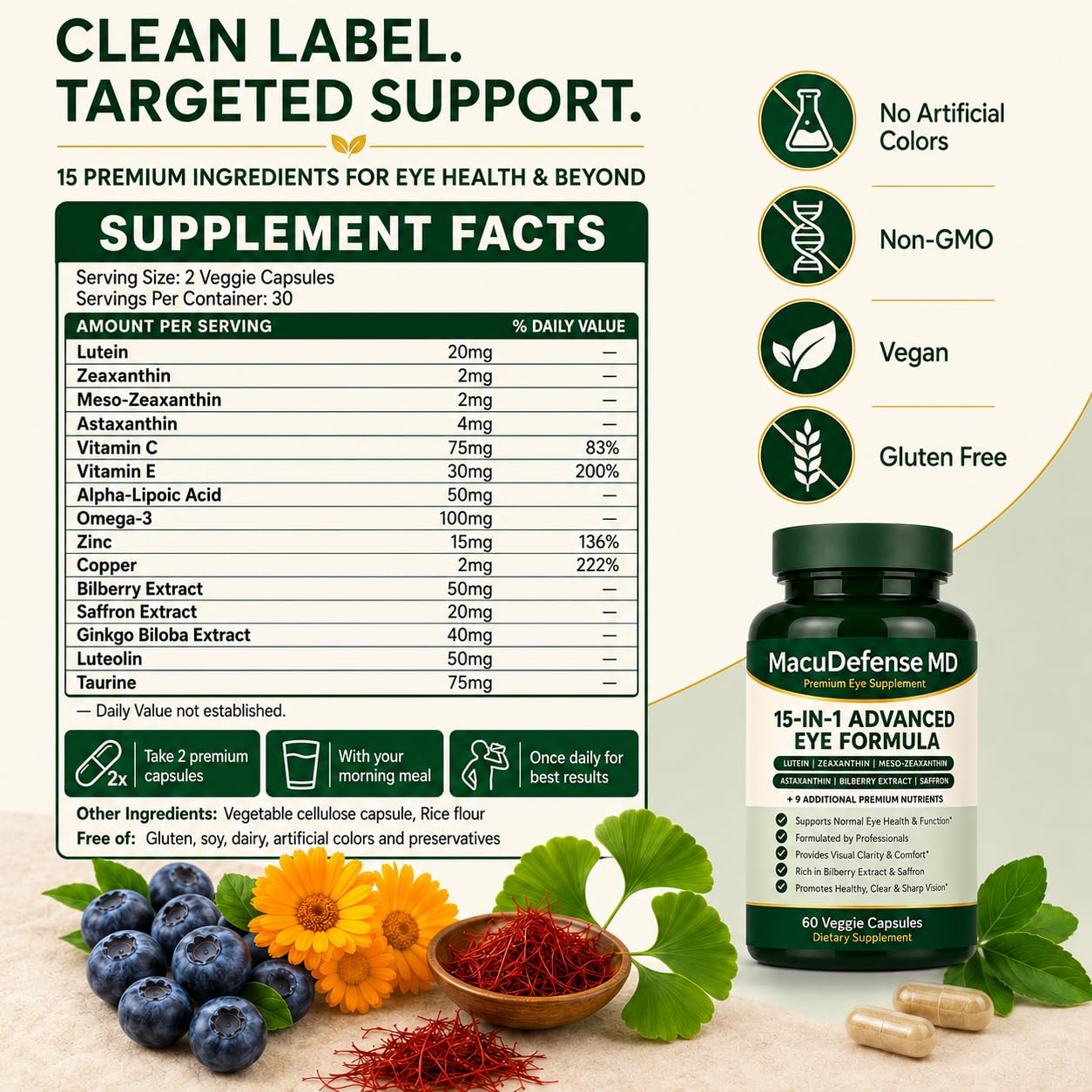 Nichalous Macudefense MD 15-in-1 Advanced Eye Formula Eye Health Supplement with Lutein, Zeaxanthin & Astaxanthin Vision Support 60 Capsules