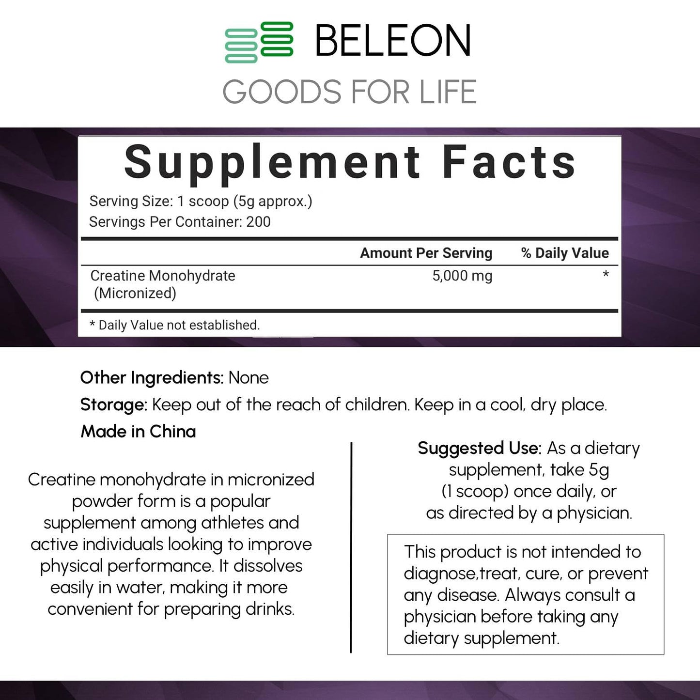 Beleon Goods For Life Creatine Monohydrate Powder, 35.2 oz