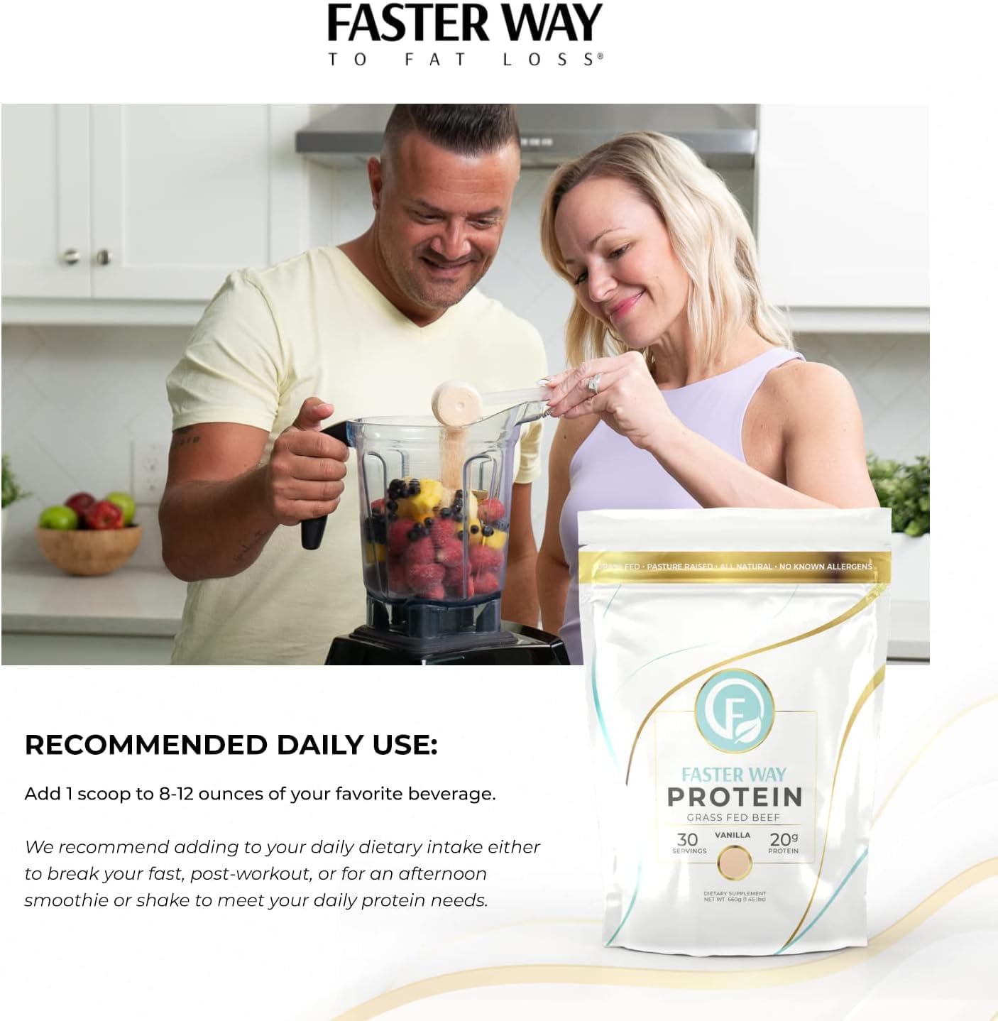 FASTer Way to Fat Loss Hydrolyzed Grass-Fed Beef Protein Powder - Vanilla - 20g Protein per Serving, 9 Essential Amino Acids, Sugar, Gluten & Dairy Free, Non-GMO, 1.46 lb