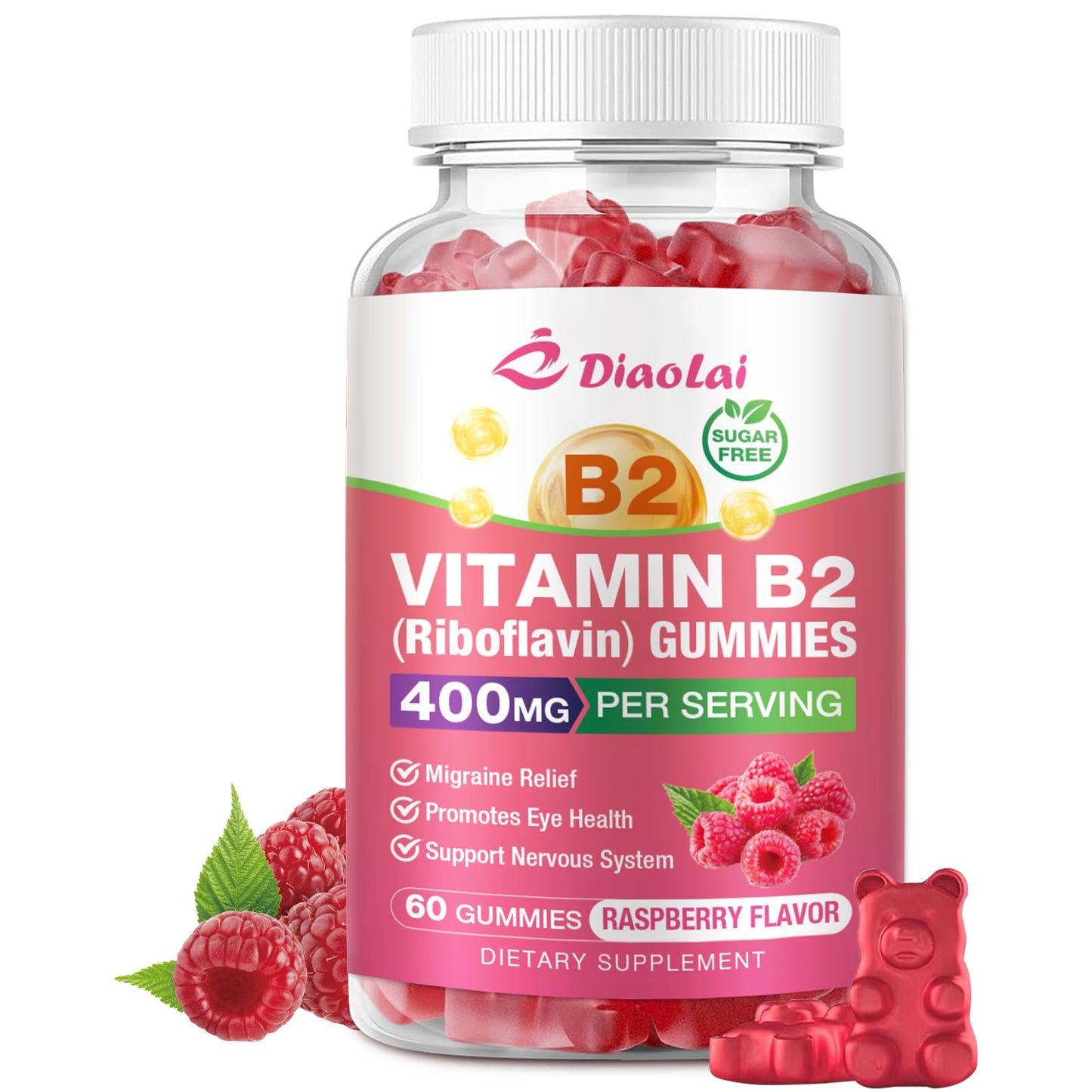 DIAOLAI Vitamin B2 Gummies Riboflavin 400mg Supplement with Magnesium for Kids & Adults, 2 Count