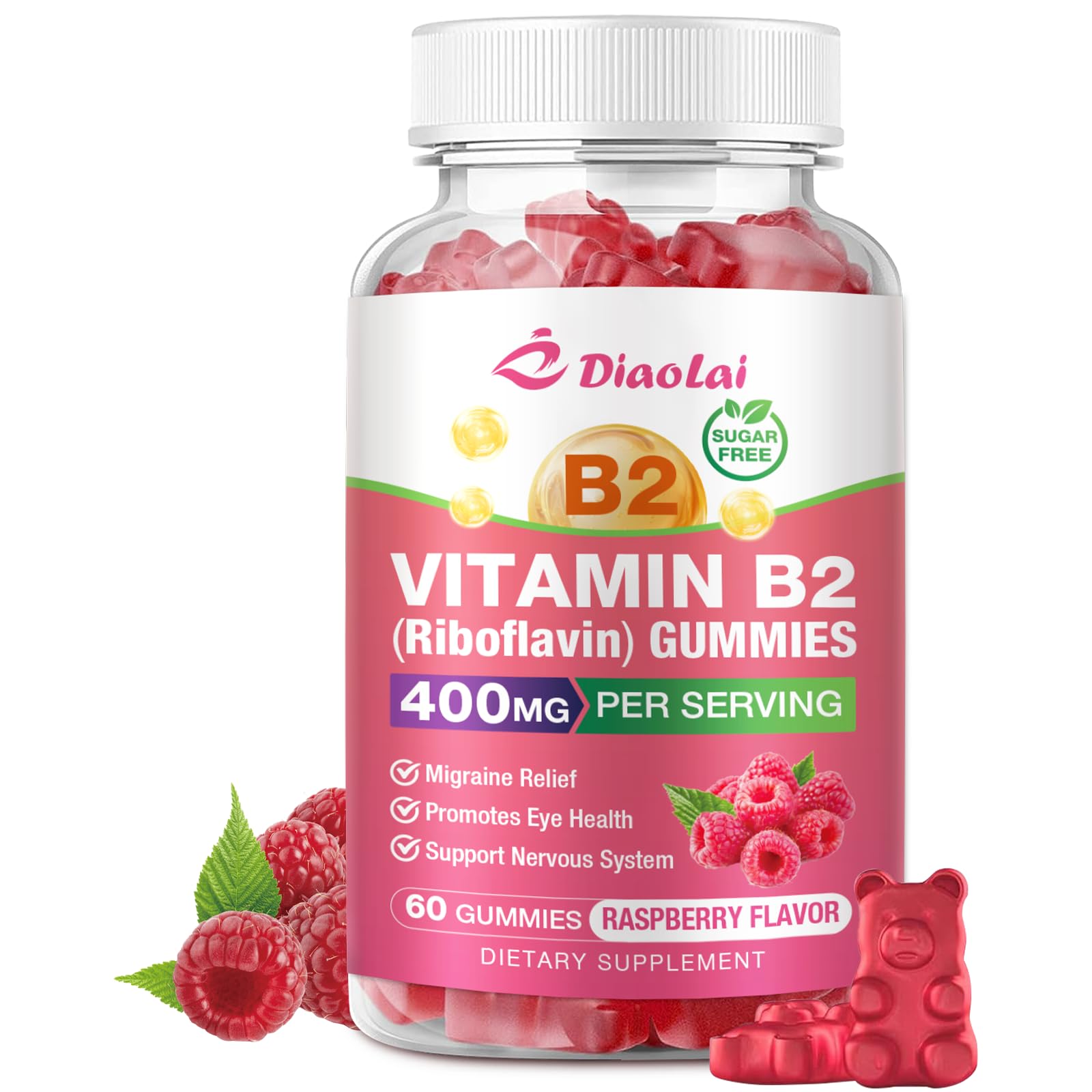 DIAOLAI Vitamin B2 Gummies Riboflavin 400mg Supplement with Magnesium for Kids & Adults, 2 Count
