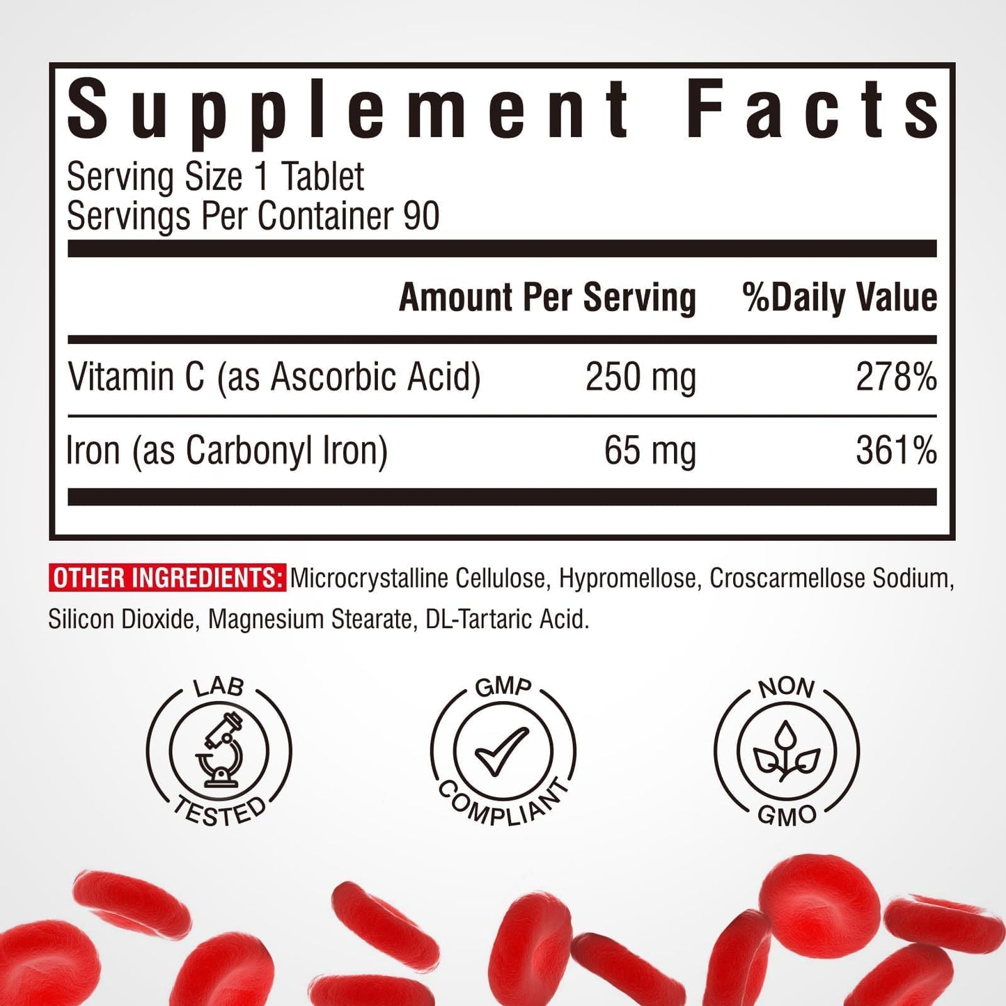 Vitalibre Iron Supplement 65mg Carbonyl Iron with 250mg Vitamin C - Tablets, 90 Count