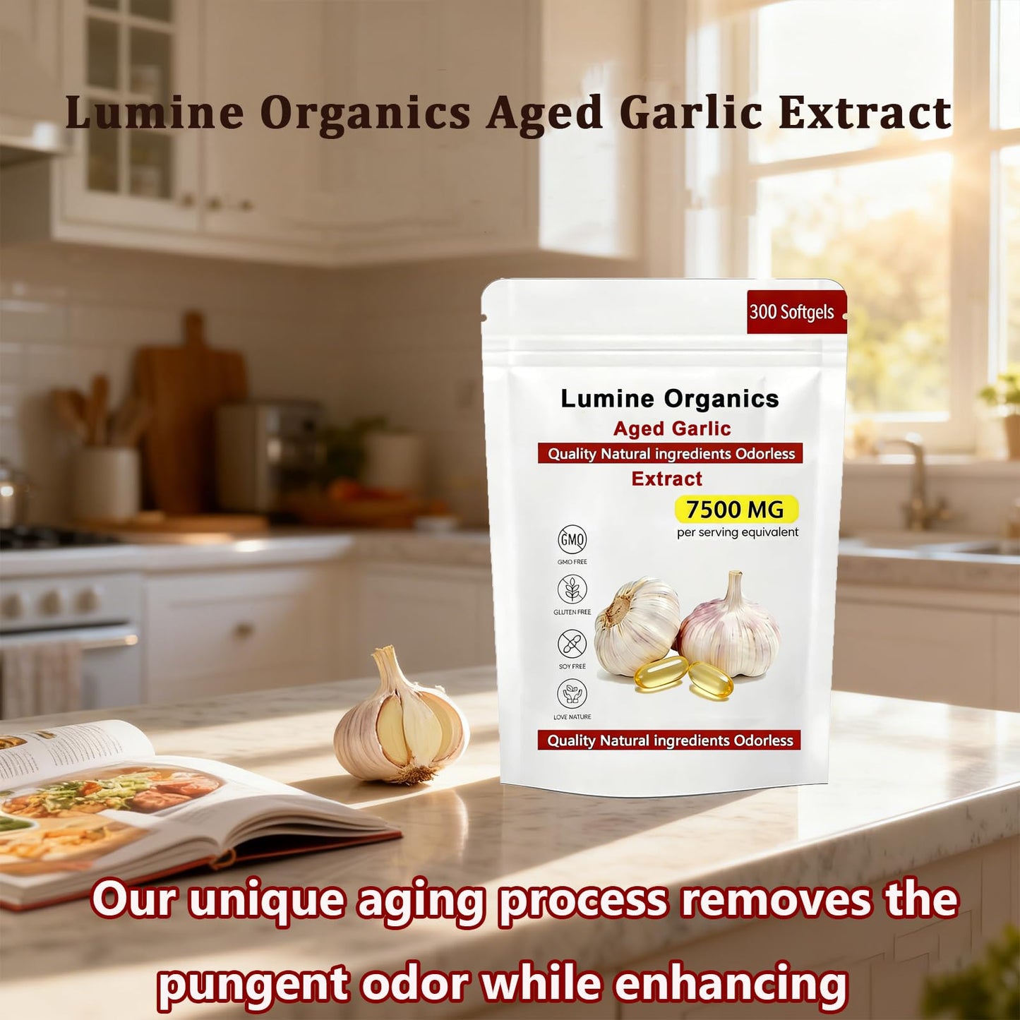 Lumine Organics Aged Garlic Extract Capsules, 500mg per Serving, Odorless, 300 Softgels, Vegetarian, 1 Count