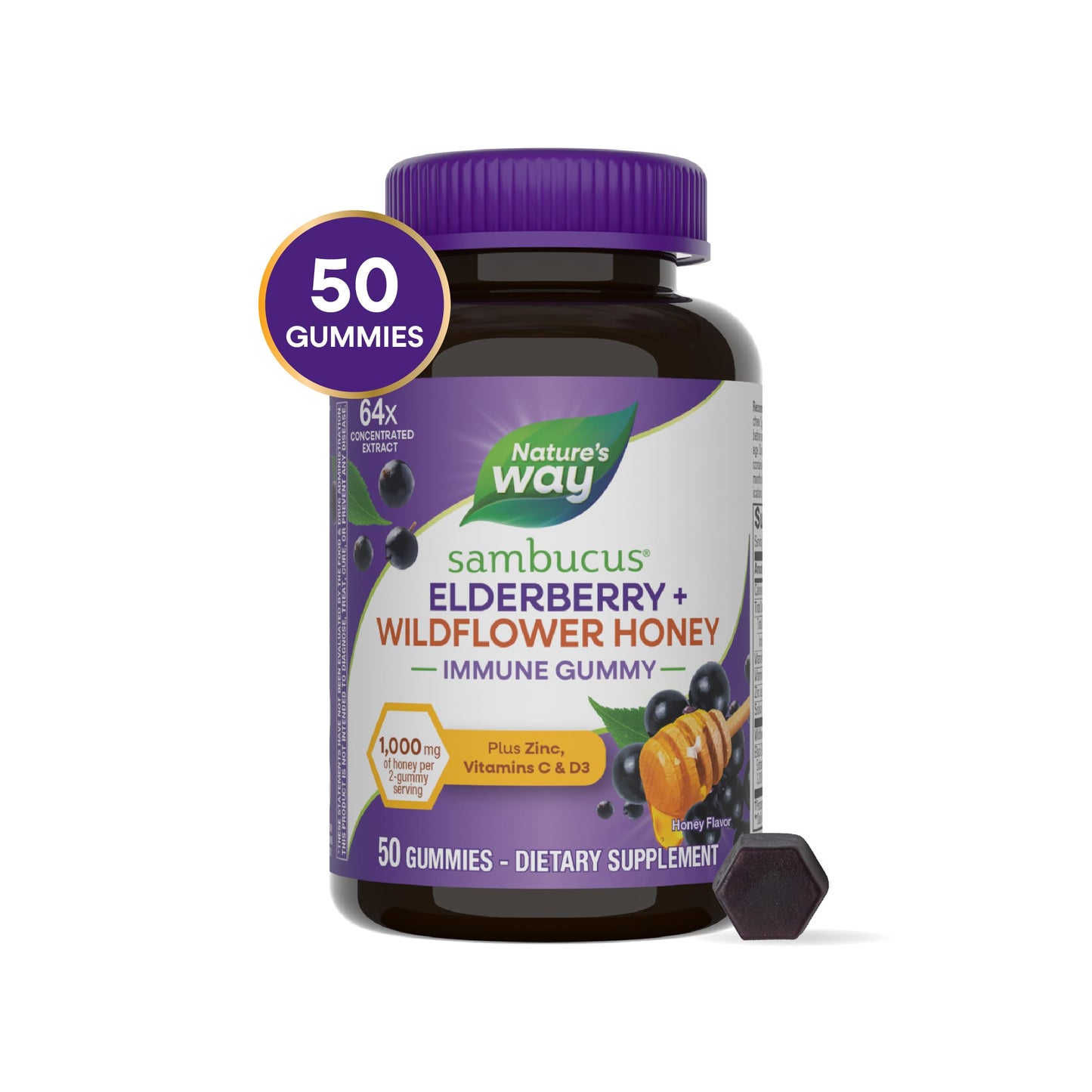 Nature's Way Sambucus Elderberry + Wildflower Honey Immune Gummy, 50 Gummies