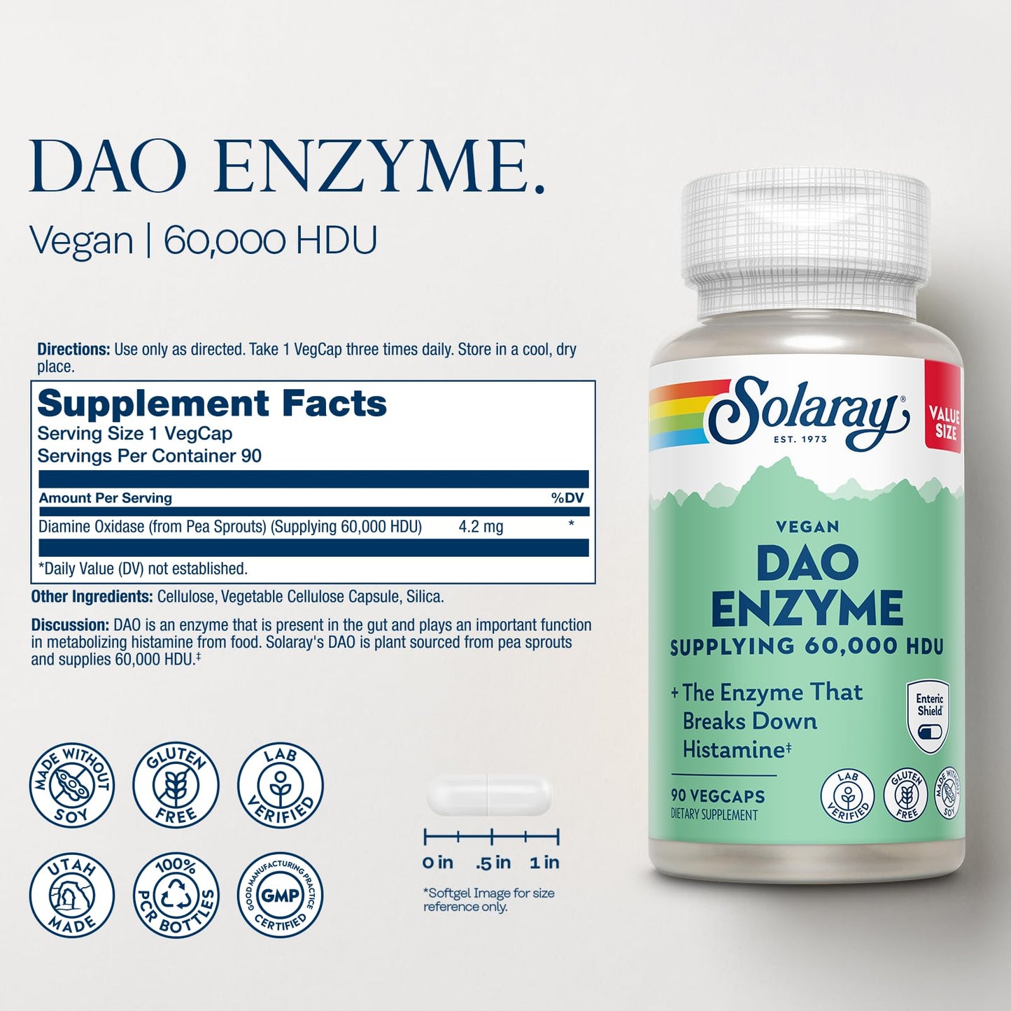 SOLARAY DAO Enzyme 60,000 HDU Capsule, 90 VegCaps