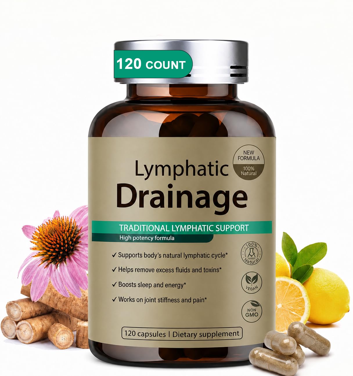 REY&SHAW Lymphatic Drainage Supplement Capsule, 120 Count