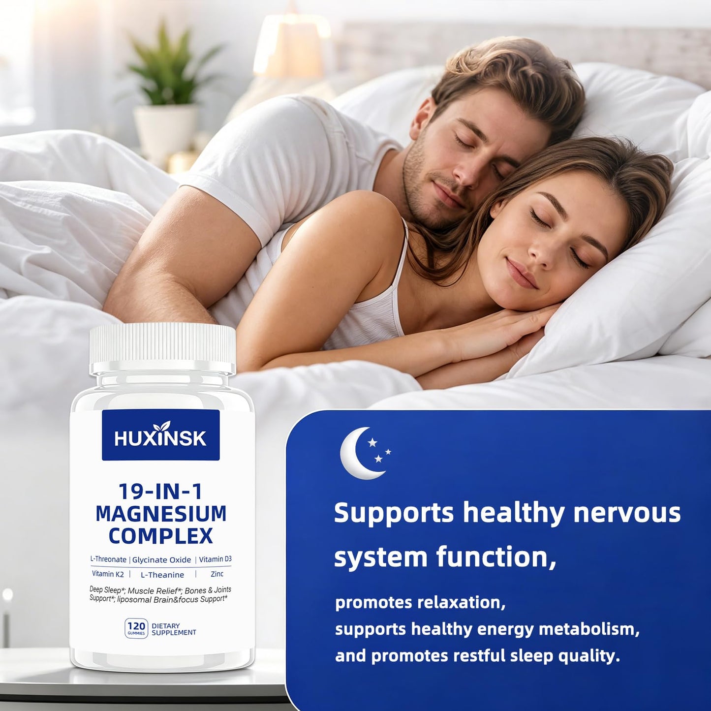 HUXINSK 19-in-1 Magnesium Complex 1000 mg – L-Threonate, Glycinate, Malate with Ashwagandha, L-Theanine, D3+K2, CoQ10, Zinc, Vitamin C, B6 & B12 – High Absorption Capsule 120 Count