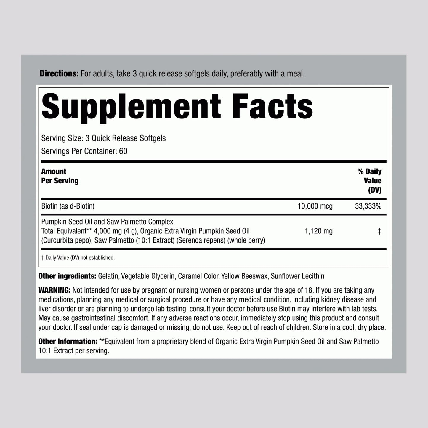 Piping Rock Pumpkin Seed Oil w/Saw Palmetto Complex 4000mg Softgels 180