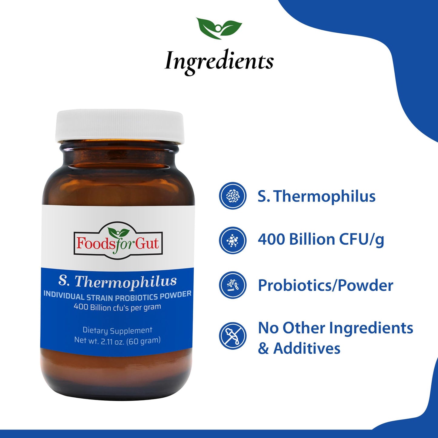 Foods For Gut Streptococcus Thermophilus Probiotic Powder 400 Billion CFU, 2.11 oz