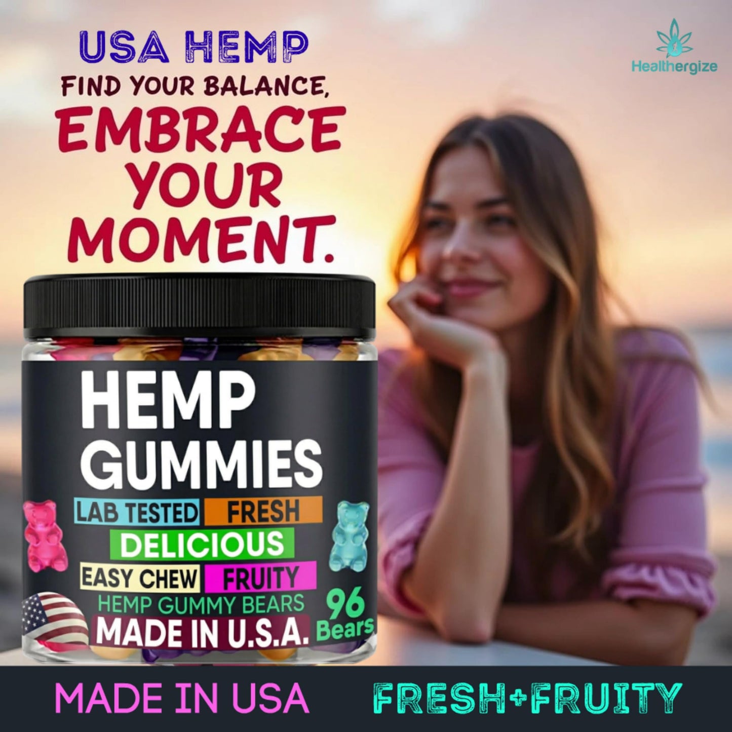 Healthergize Hemp Gummies for Sleep, Calm Relaxing Night Support, Sleep Aid for Adults Chewable 96 Count