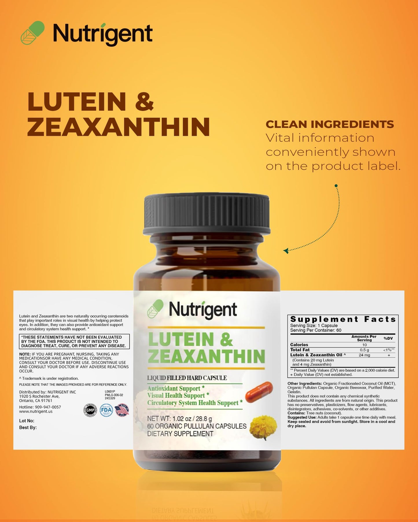 Nutrigent Lutein 20mg & Zeaxanthin 4mg Eye Support Capsules, 60 Count