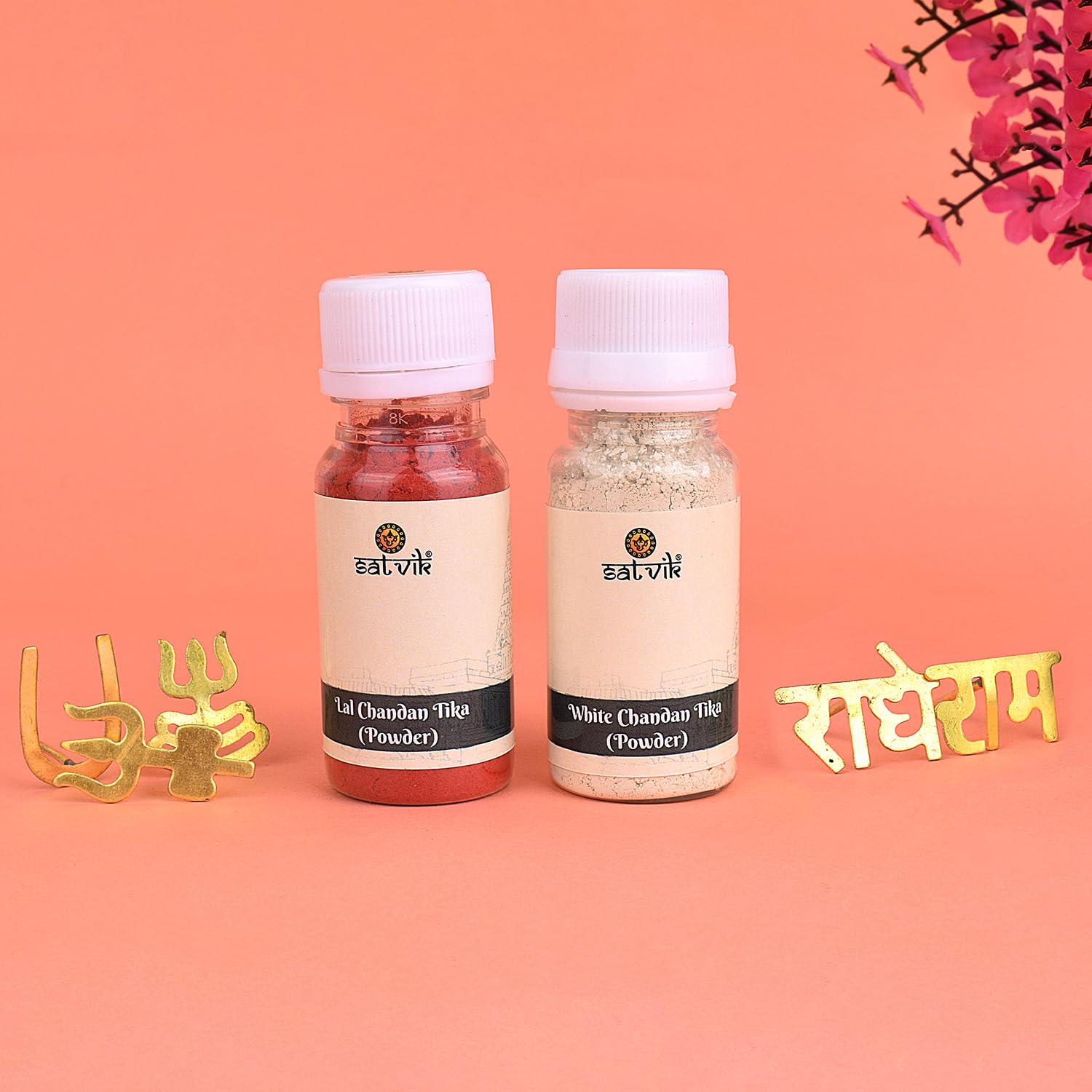 SATVIK STORE Assorted Brass Tilak Stamp 7 Pc with Red Chandan & White Chandan Tikka Powder