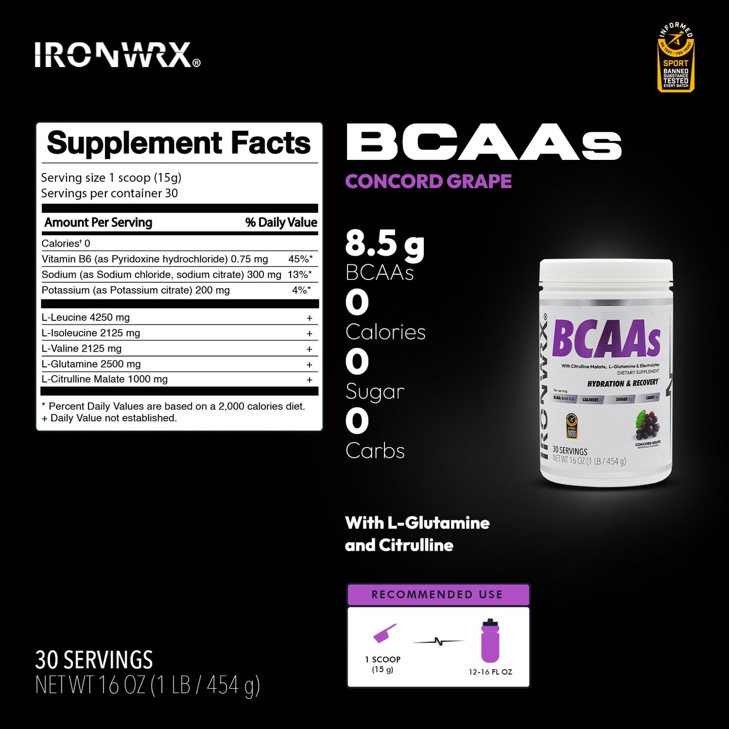IRONWRX BCAA Powder 16 oz, 8g Amino Acids Per Serving, 2:1:1 Ratio with Citrulline Malate & L-Glutamine, Advanced Muscle Recovery & Soreness Support, Grape, 30 Servings