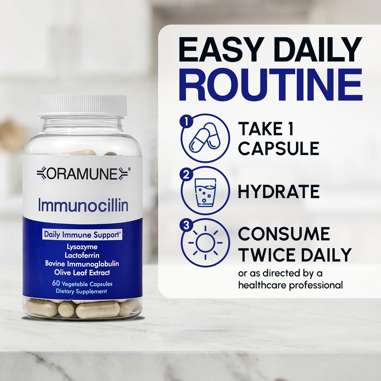 Oramune ImmunoCillin Immune Support Supplement with Lactoferrin, Lysozyme, Bovine Immunoglobulin & Olive Leaf Extract 60 CAPSULES