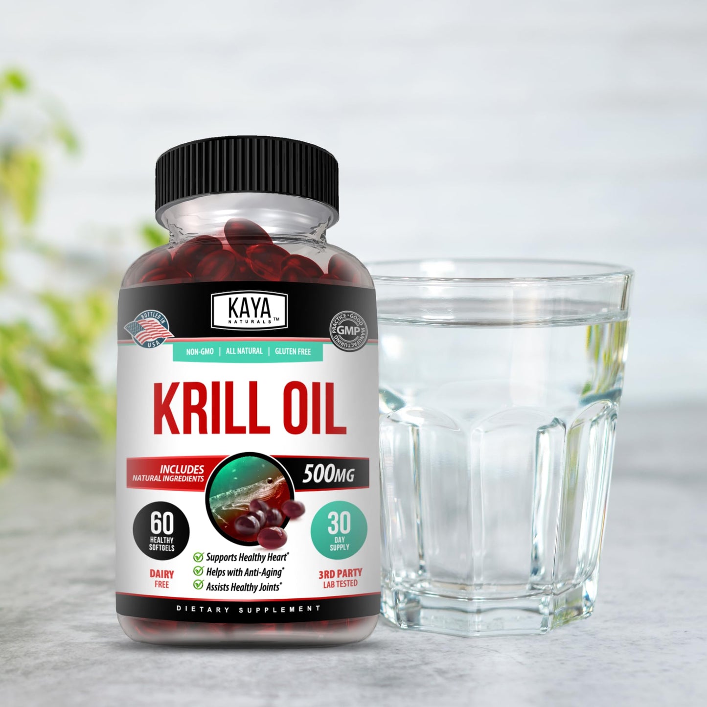 Kaya Naturals Antarctic Krill Oil 500mg with Omega-3 EPA/DHA, Phospholipids & Astaxanthin Softgels, 60 Count