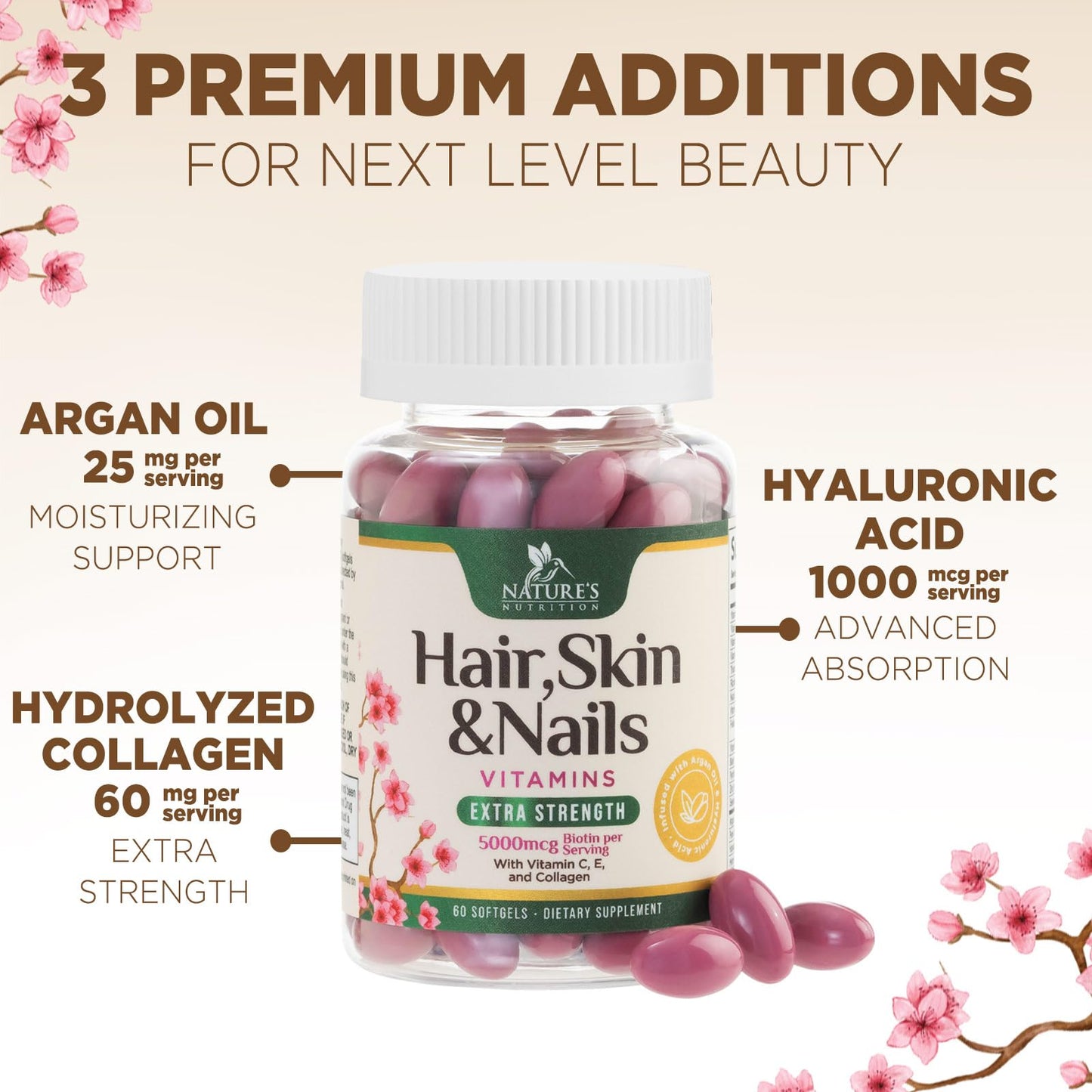 Nature's Nutrition Biotin 5000mcg Hair, Skin & Nails Softgels 60 Count