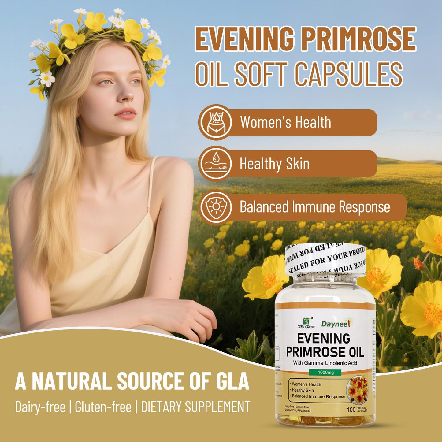 Wins Town Evening Primrose Oil Softgels 1000mg, 100 Count