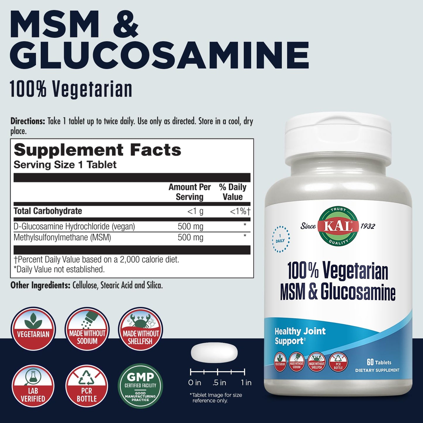 KAL 100% Vegetarian MSM and Glucosamine Supplement for Women, 60 Tablets