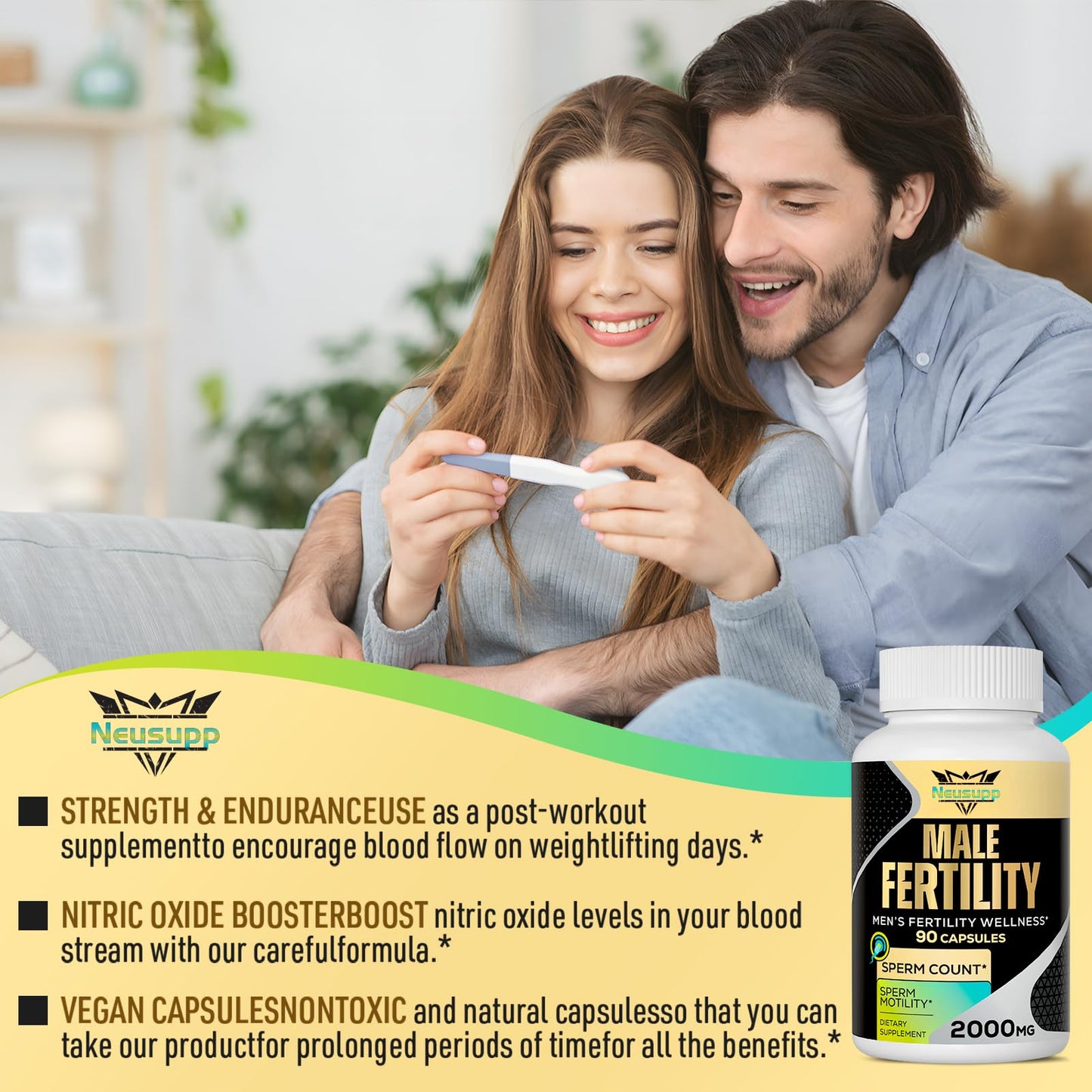 Neusupp Fertility Supplements for Men, Male Fertility Supplement - Optimal Sperm Count, Motility and Strength, 2000MG Mens Prenatal Vitamins with CoQ10 Maca Root, Zin, NAC &Folate for Conception, 90 Capsules