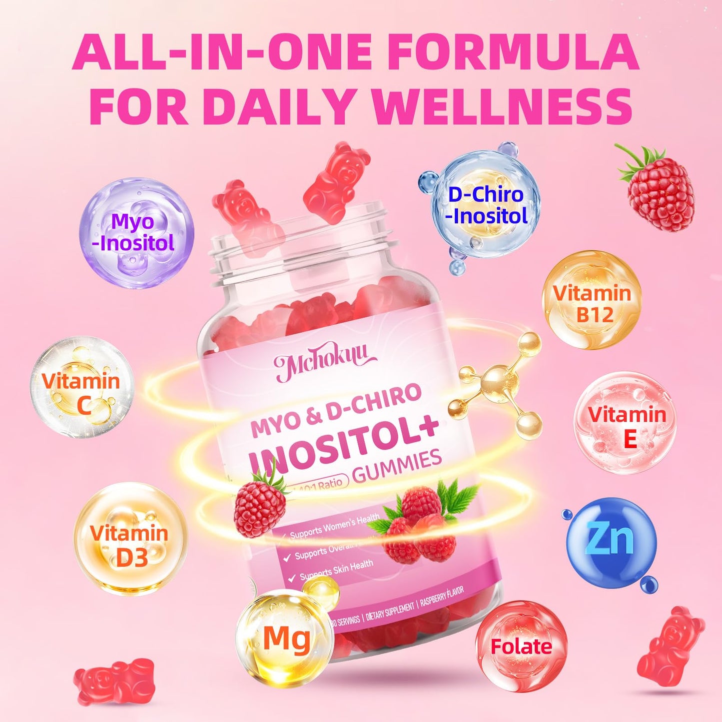 Mchokuu Myo-Inositol & D-Chiro Inositol Gummies, Ideal 40:1 Ratio Supplement for Women with Vitamin D3 & B12 for Support Hormonal Balance & Wellness, Sugar Free, Raspberry, 60 Count