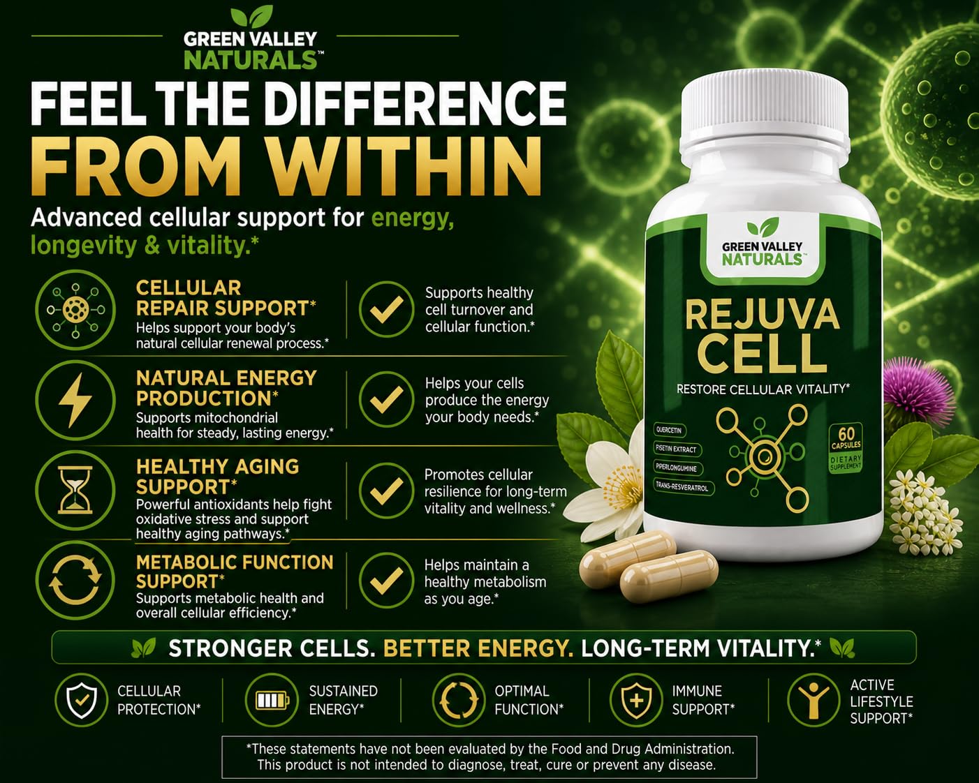 Green Valley Naturals RejuvaCell Longevity Supplement Fisetin, Quercetin Phytosome, Trans-Resveratrol & Piperlongumine, 60 Capsules